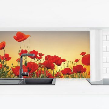 Bilderdepot24 Küchenrückwand rot dekor Blumen Mohnblumenfeld Sonnenuntergang Wandverkleidung Küche, (1-tlg., Nischenrückwand - für Fliesenspiegel ohne Bohren - matt), Spritzschutz Rückwand Küche Herd - Folie selbstklebend versch. Größen