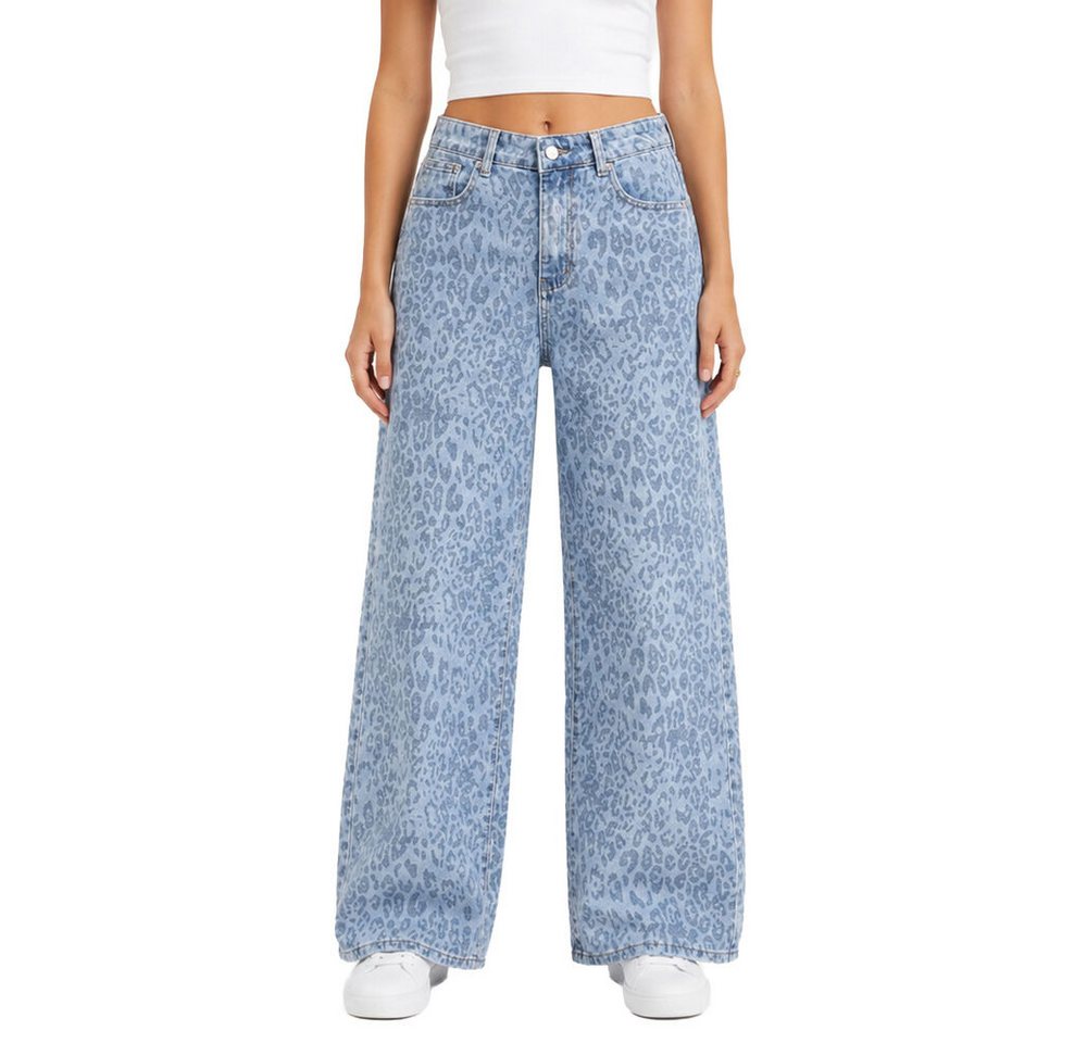 Ital-Design Weite Jeans Damen Wide Leg Jeans mit Muster – Casual Streetwear (92375232) Animal Print Stretch High Waist Jeans in Blau