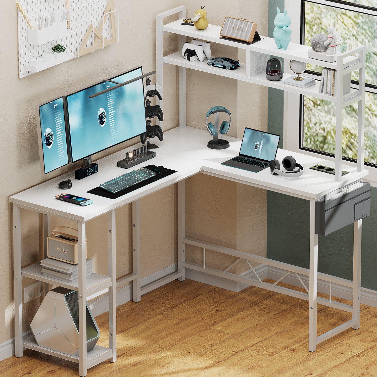 HOMALL Gamingtisch Schreibtisch mit LED und USB L-förmiger Ecktisch 160 * 120cm (Mit großem Ablagefach, USB-Ladeanschluss und Steckdose)