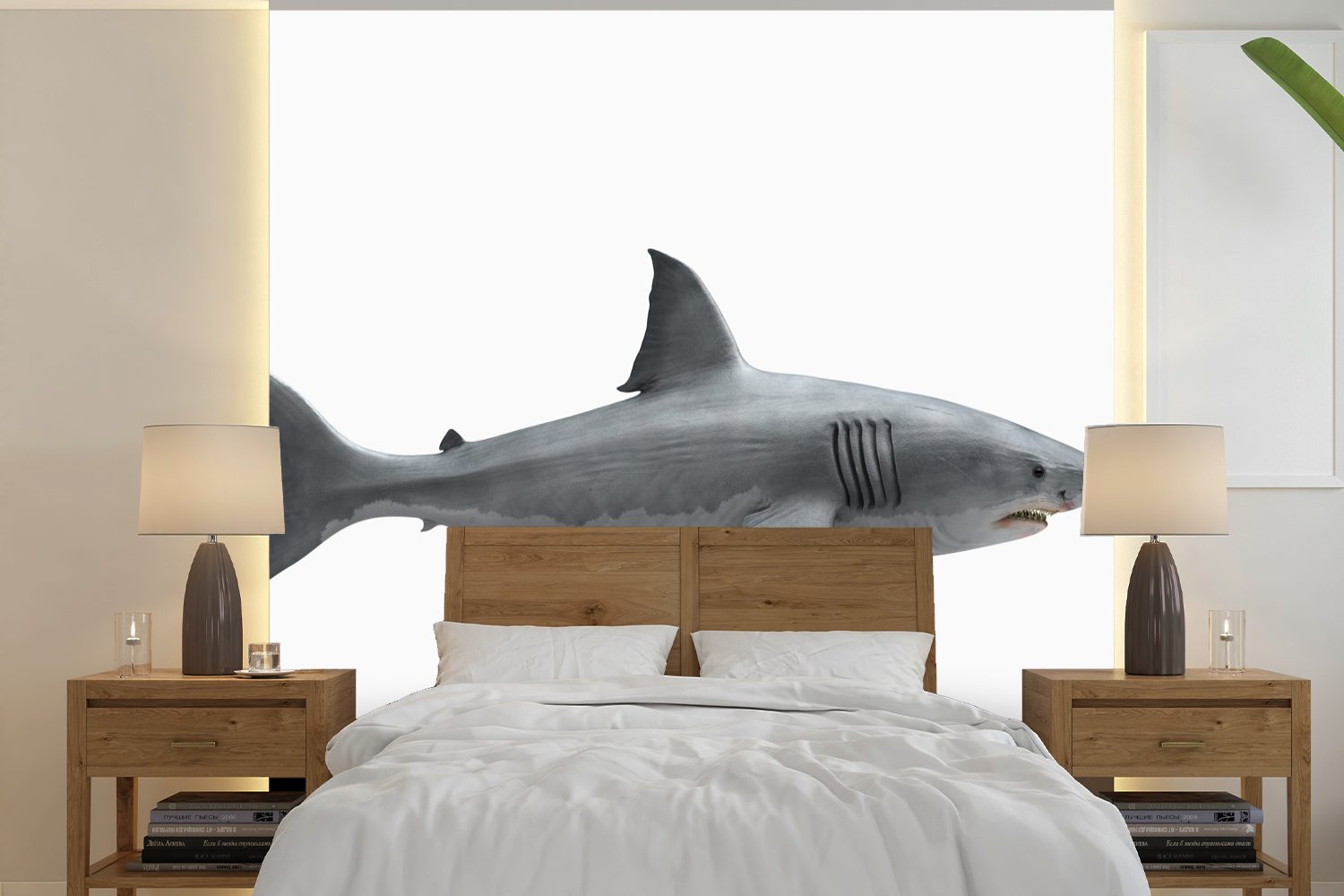 MuchoWow Fototapete Hai - Meerestiere Schlafzimmer, oder Weiß, (5 Wandtapete Wohnzimmer - bedruckt, Vinyl für Matt, St), Tapete