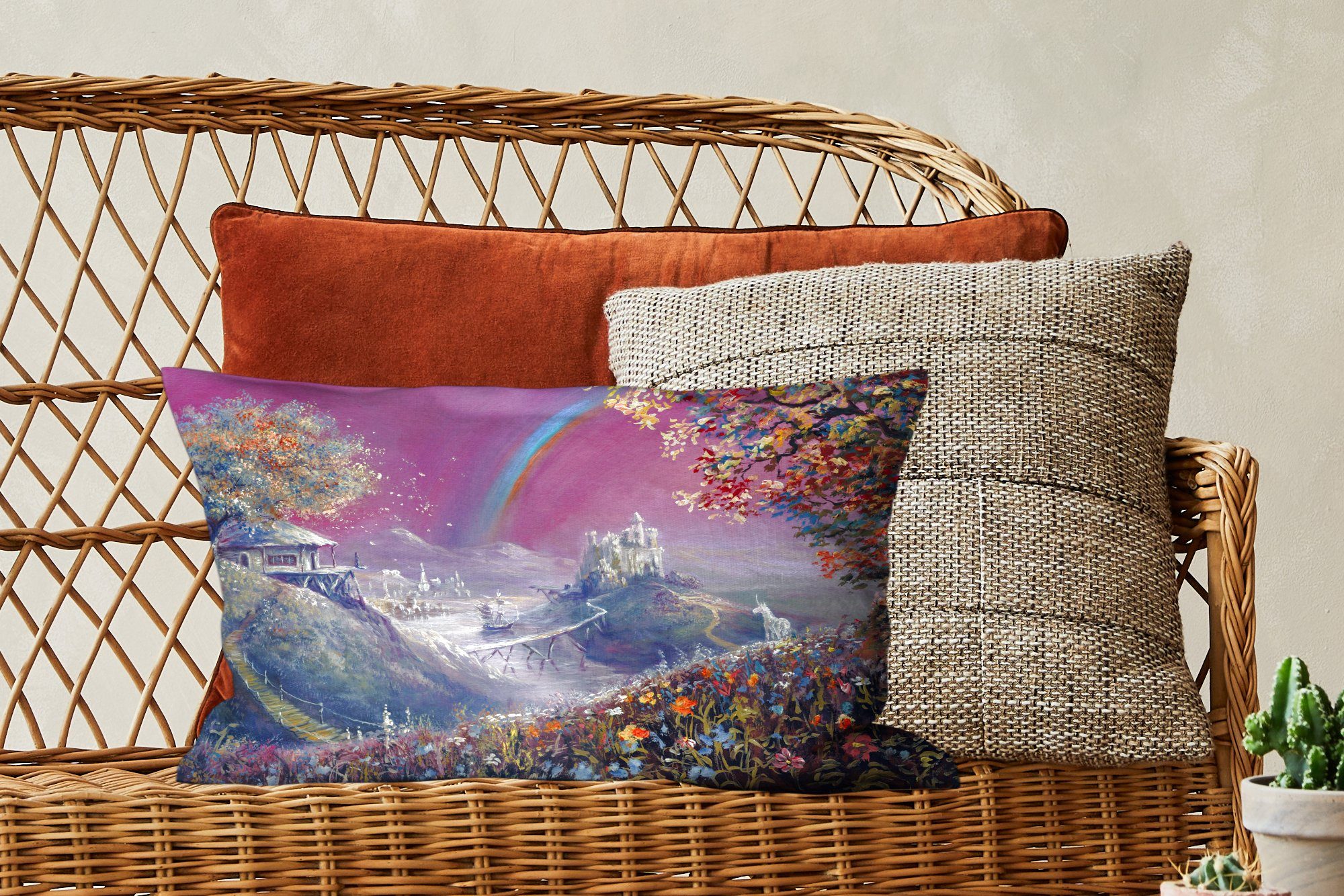 Dekokissen Wohzimmer Schlafzimmer Landschaft, Dekoration, Füllung, MuchoWow Ölgemälde märchenhaften Dekokissen einer Zierkissen, mit