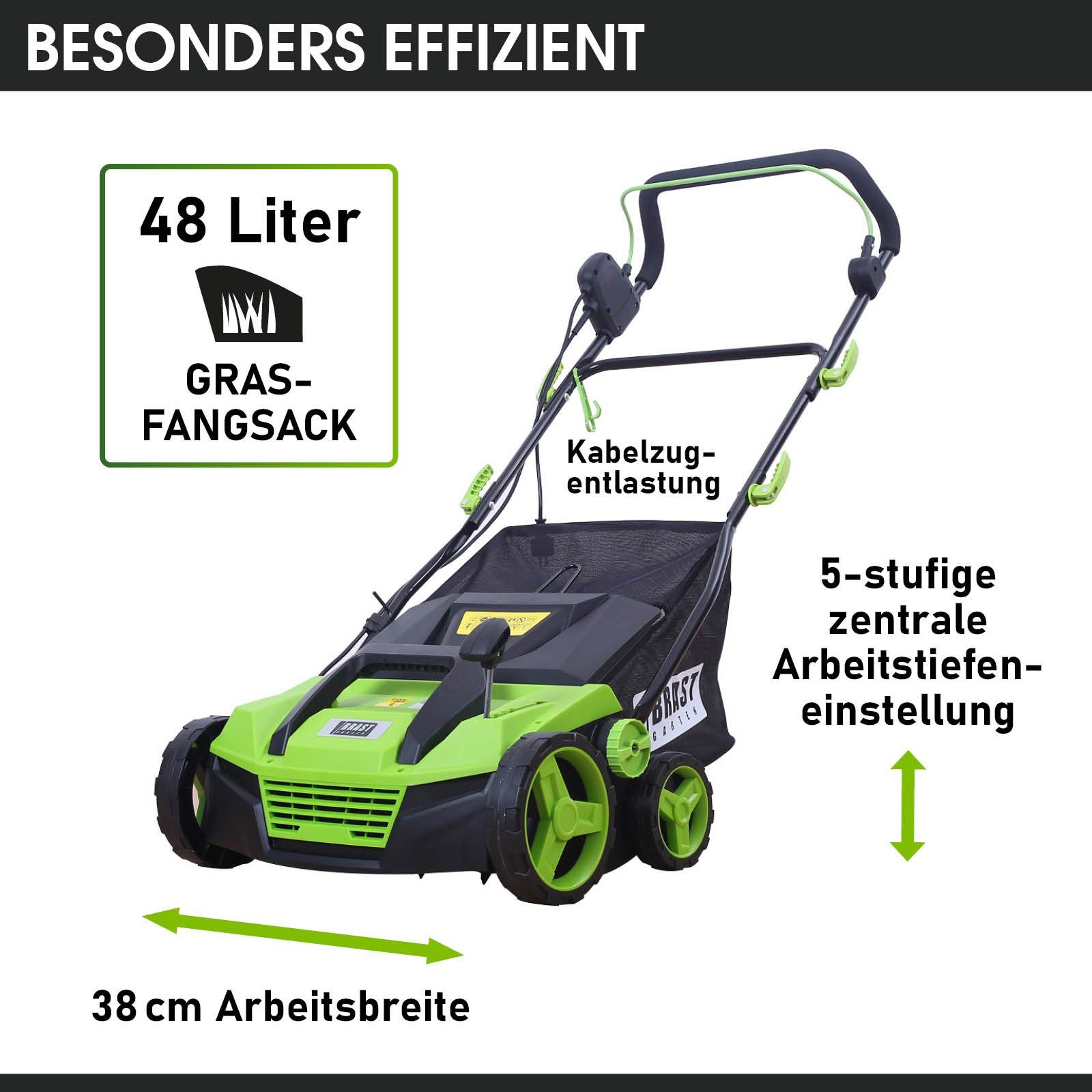 BRAST Elektro-Vertikutierer / Lüfter 1800 Watt Kombi Gerät, 38,00 cm Arbeitsbreite, (2in1-Funktion, 1 Vertikutier- und 1 Lüfter-Walze), Moosentferner