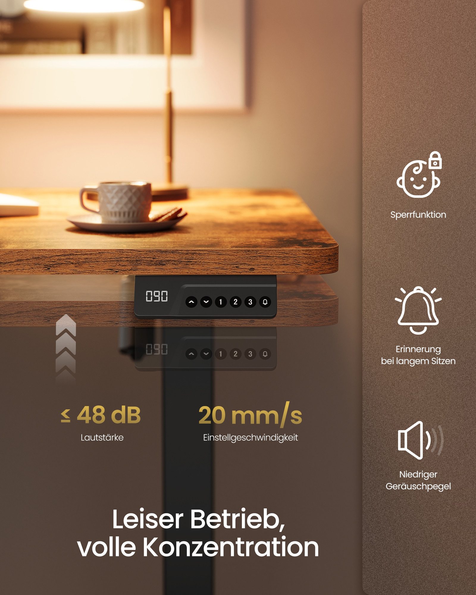 VASAGLE Schreibtisch Höhenverstellbarer, Erinnerung bei langem Sitzen, 80 x 50 cm, für Büro, bei langem Sitzen, Computertisch, Erinnerung – Bild 5 von 5