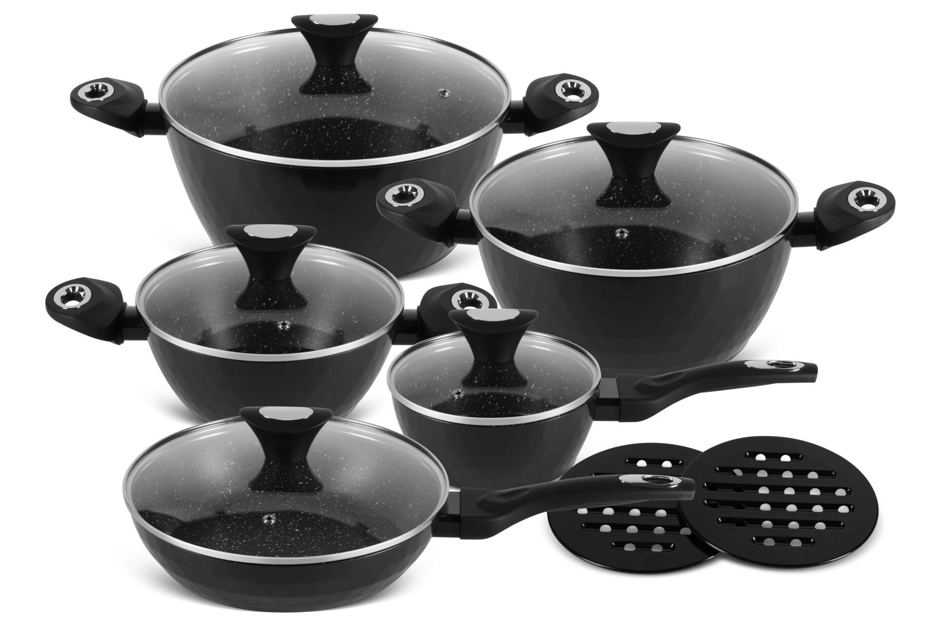 Edenberg Topf-Set »12 Tlg Schwarze Topfset mit Kasserolle, Bratpfanne, Glasdeckel«, Aluminium ...