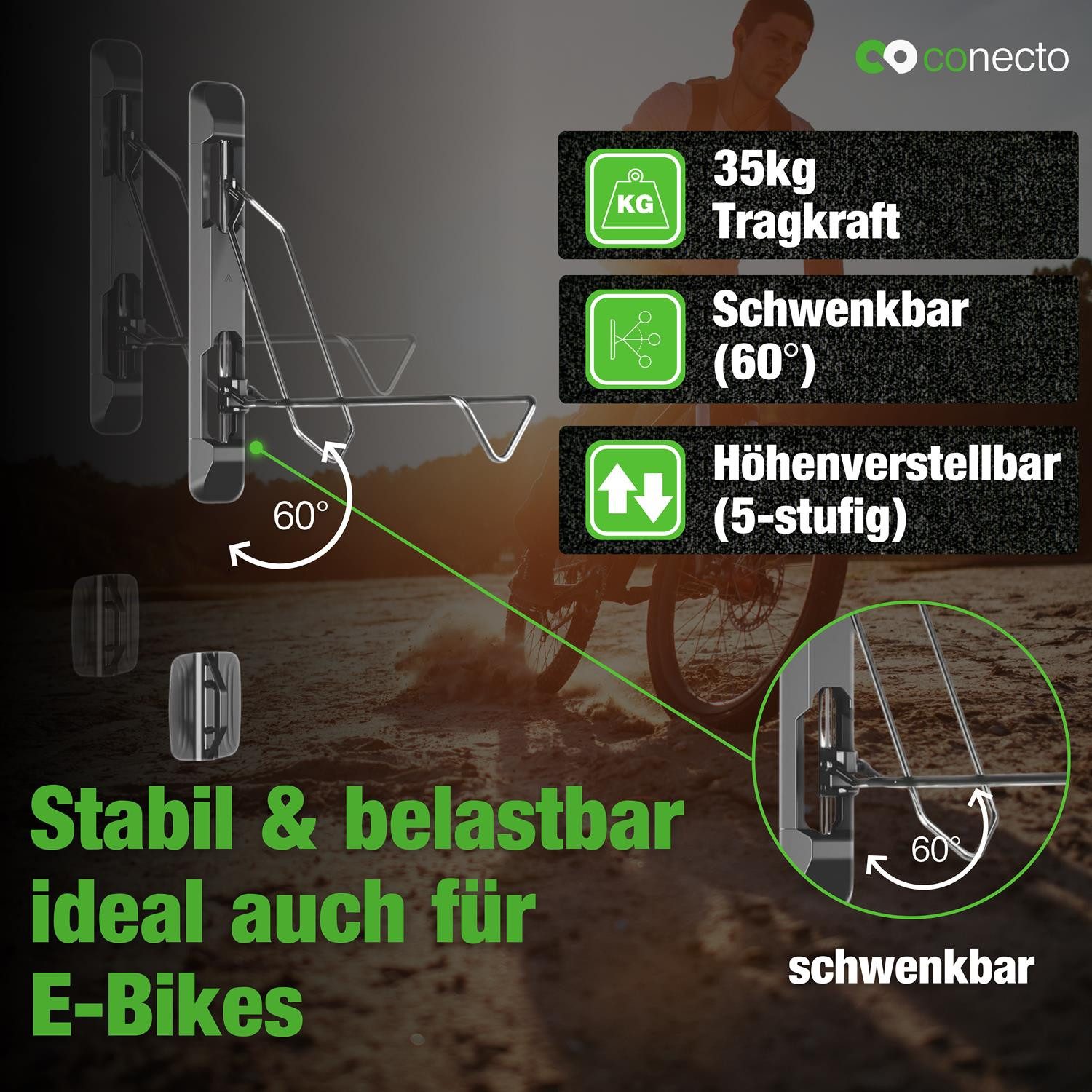 conecto bicycle wall mount, swiveling wall hanger, suitable for various bicycle types