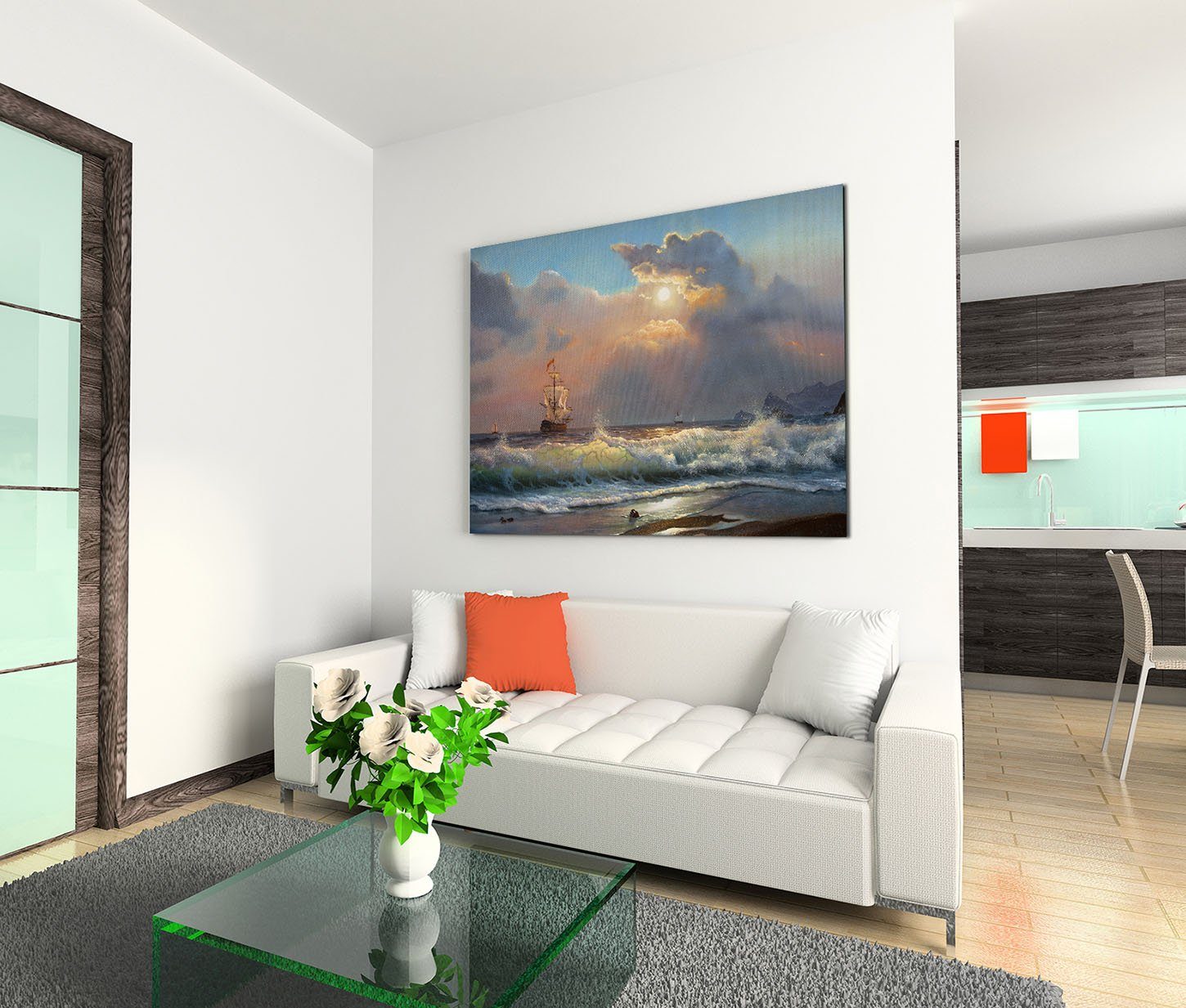 Sinus Art Leinwandbild 120x80cm Wandbild Ölgemälde Strand Meer Wellen Segel günstig online kaufen