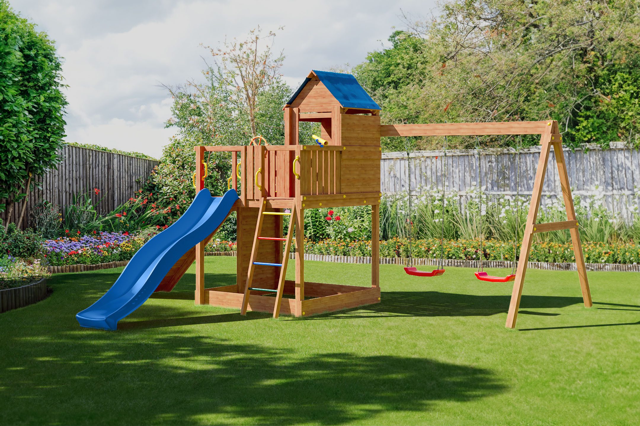 FUNGOO Spielturm Treehouse, mit Spielhaus, Rutsche, Doppelschaukel, Kletterwand