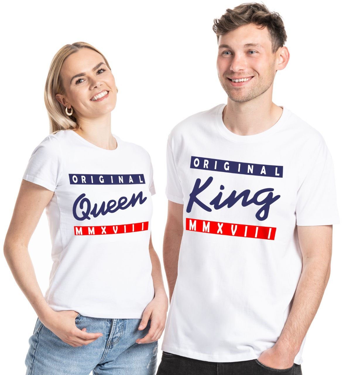 Couples Shop Print-Shirt King & Queen T-Shirt für Paare mit modischem Print, im Partner Look QUEEN / Weiß