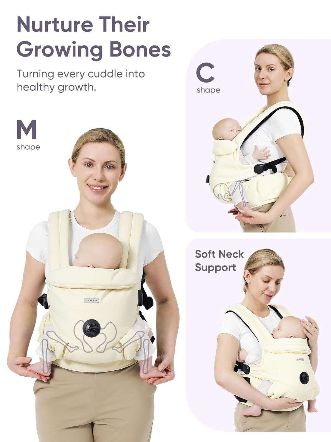 bonoch Babytrage EaseFit ergonomische Babytrage Beige Baumwolle 4–24 Monate Hüfttrage (Babytrage mit Zubehör-Set (3 Lätzchen), Babytrage mit 3 Lätzchen und verstellbarem Hüftgurt), Ergonomische Babytrage mit EaseFit-System und atmungsaktiver Baumwolle