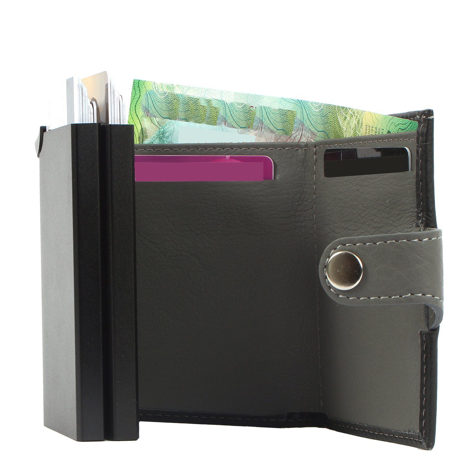 Margelisch Mini Geldbörse noonyu RFID double Kreditkartenbörse aus Upcycling black leather, Leder