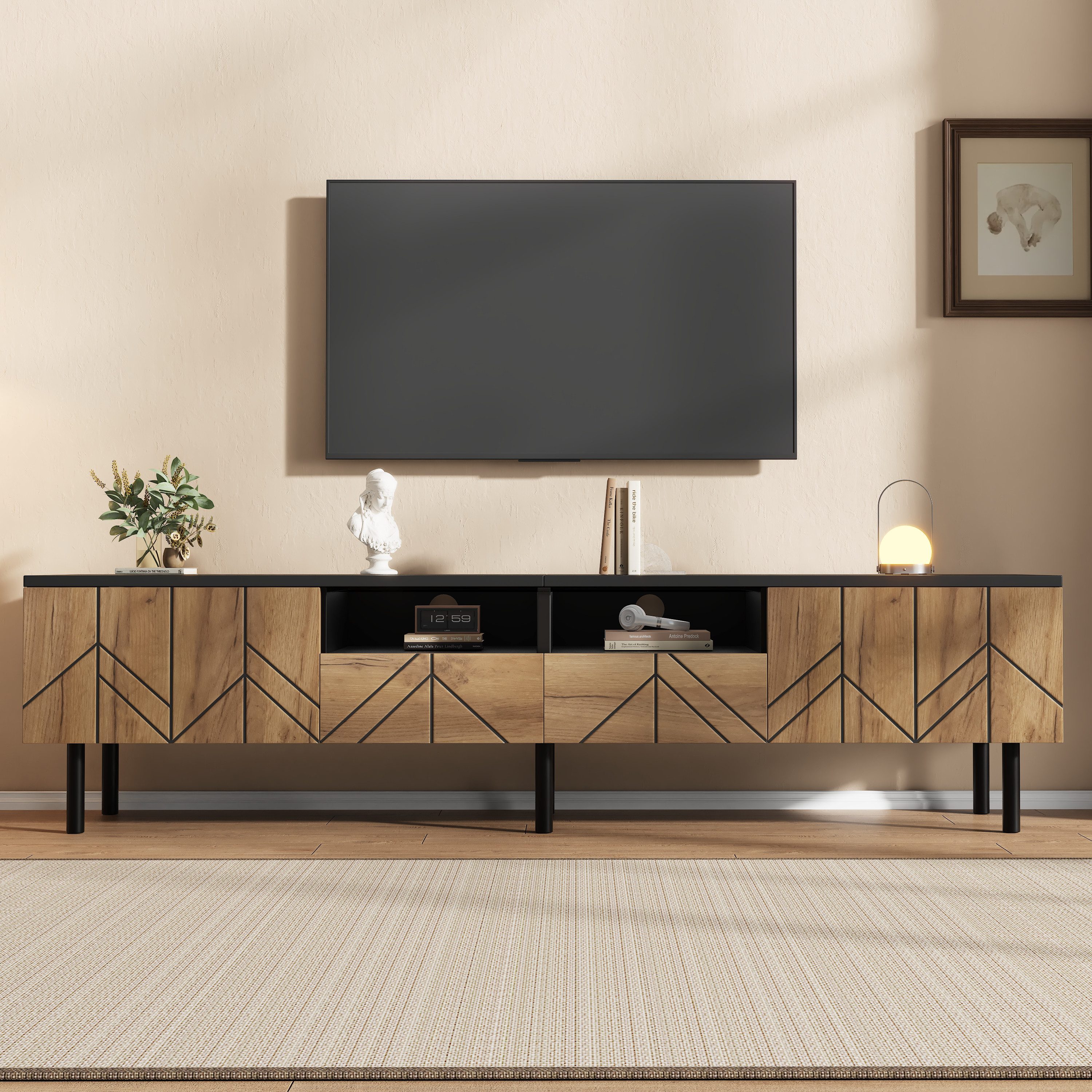 KLAM HOME Lowboard TV-Schrank 180cm mit Schubladen & Türen, Schwarz-Holzoptik (Modernes Lowboard aus Spanplatte mit hoher Traglast bis 75kg), Minimalistischer Fernsehtisch mit Stauraum für das Wohnzimmer