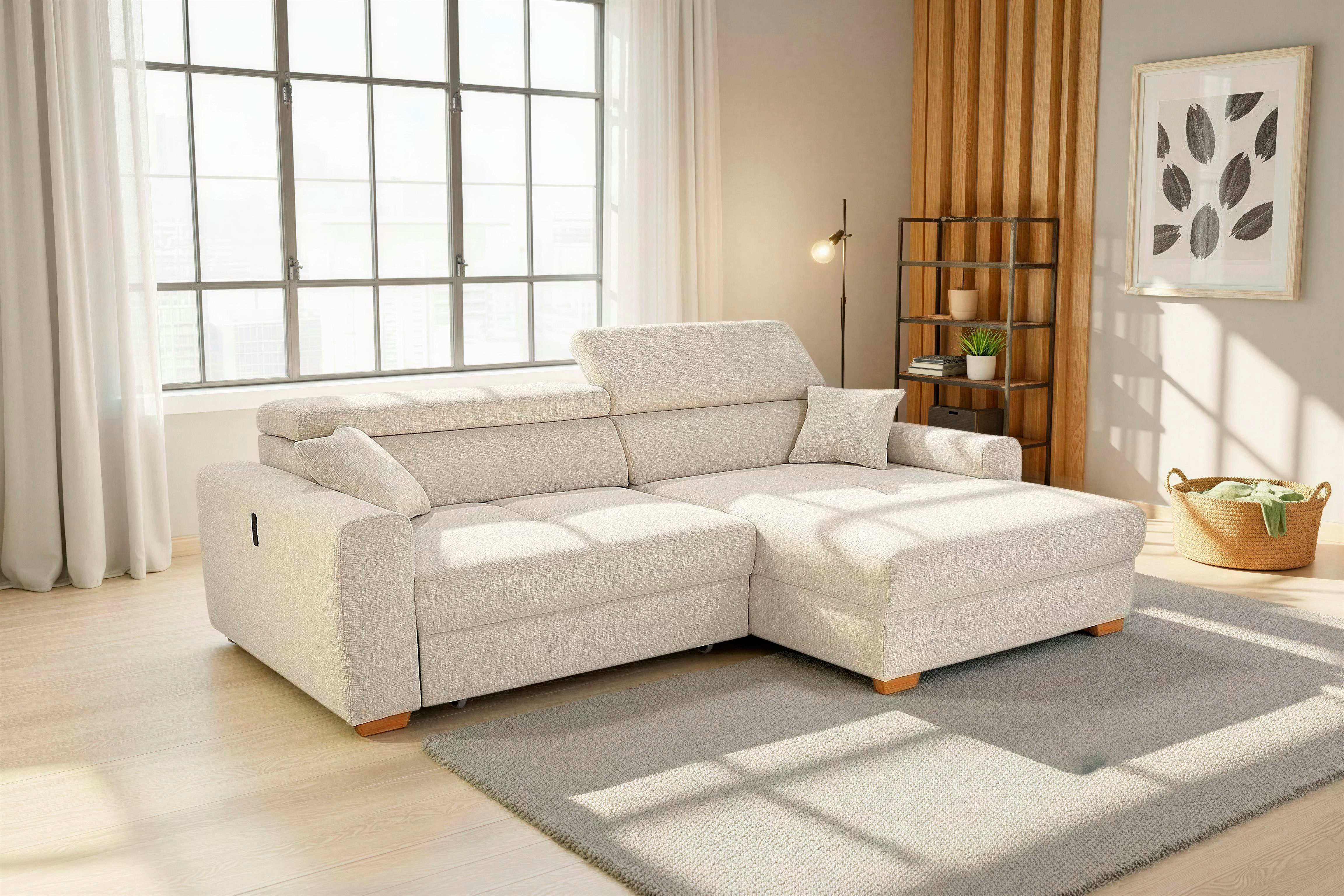 Jockenhöfer Gruppe Ecksofa Slider L-Form, B: 277 cm Couch, 60cm elektrische Sitztiefenverstellung, 140kg Belastbarkeit, USB-Anschluss, Kopfteilverstellung & Zierkissen