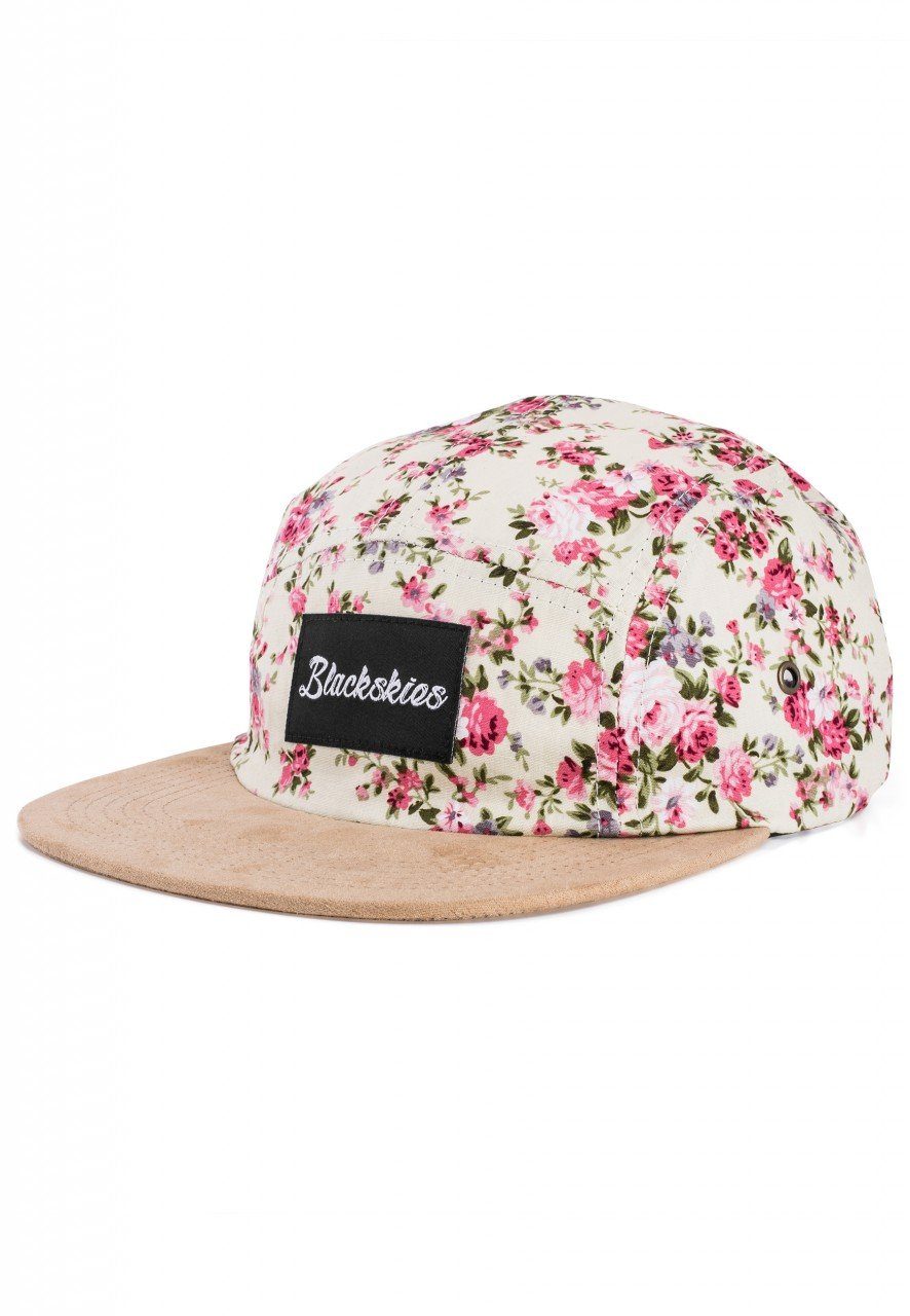 Snapback Cap Florale 5-Panel Cap Sakura - Weiß-Floral-Suede