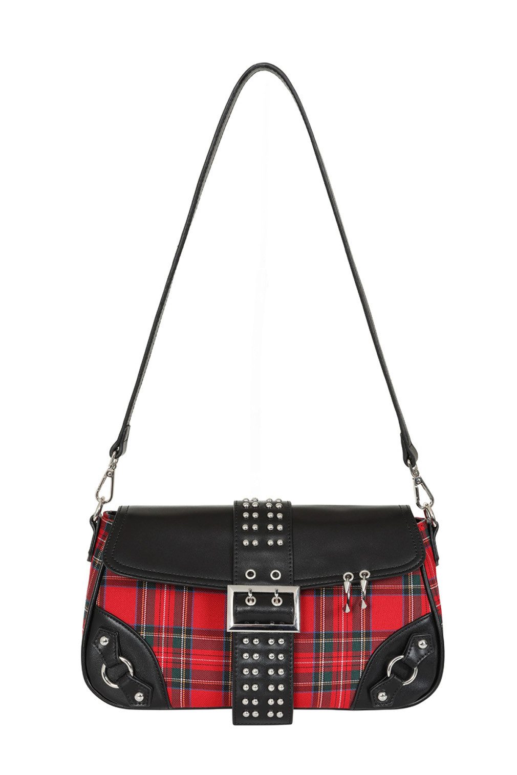 Banned Schultertasche Disorder Tartan Rot, Handtasche Punk Nieten