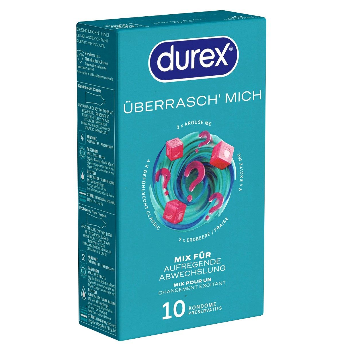 durex Kondome Überrasch' mich Packung mit, 10 St., Markenkondome im Mix für überraschende Abwechslung