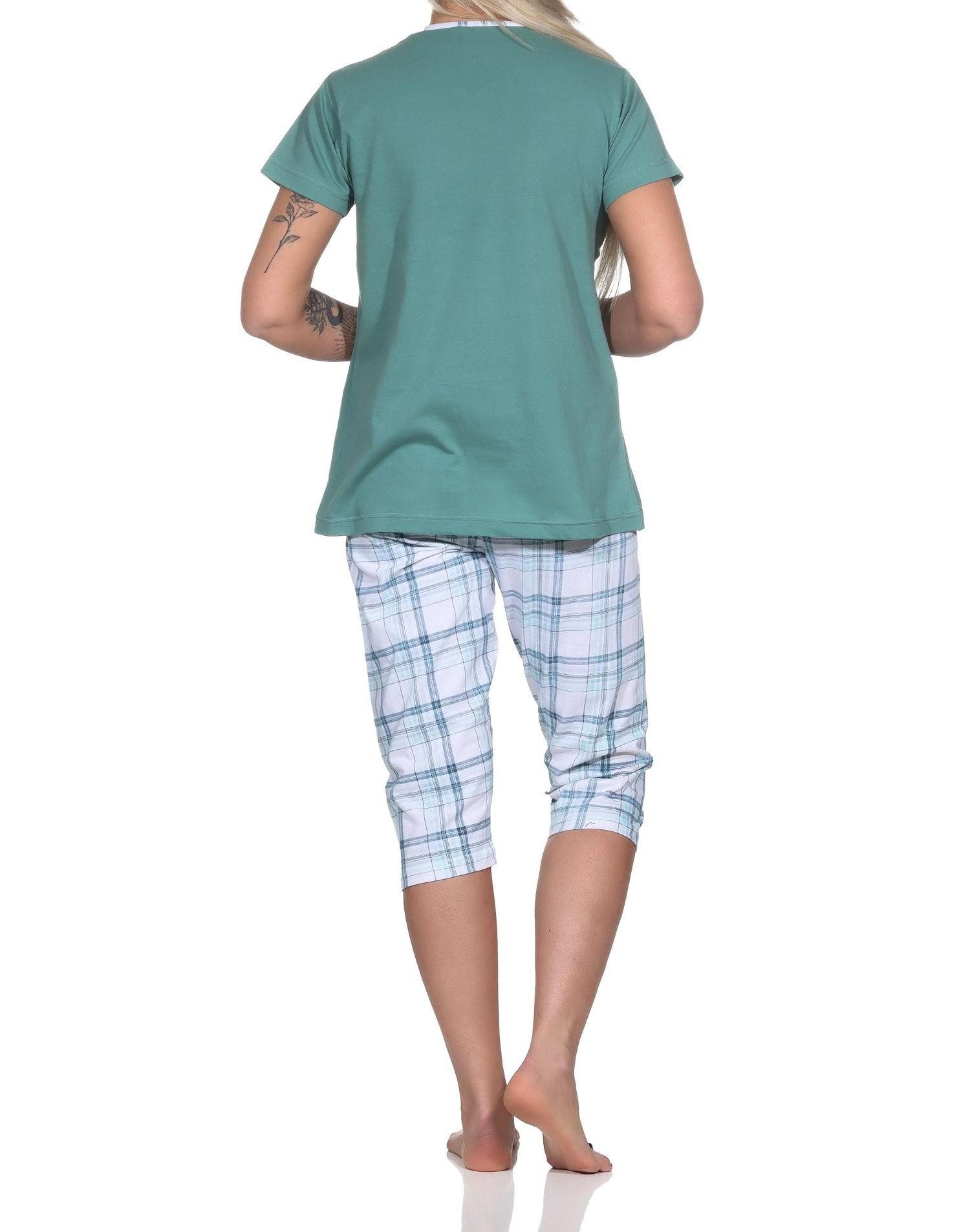 Normann Pyjama Eleganter Damen Capri Pyjama mit karierter ¾ Hose und Frontprint – Bild 3 von 4