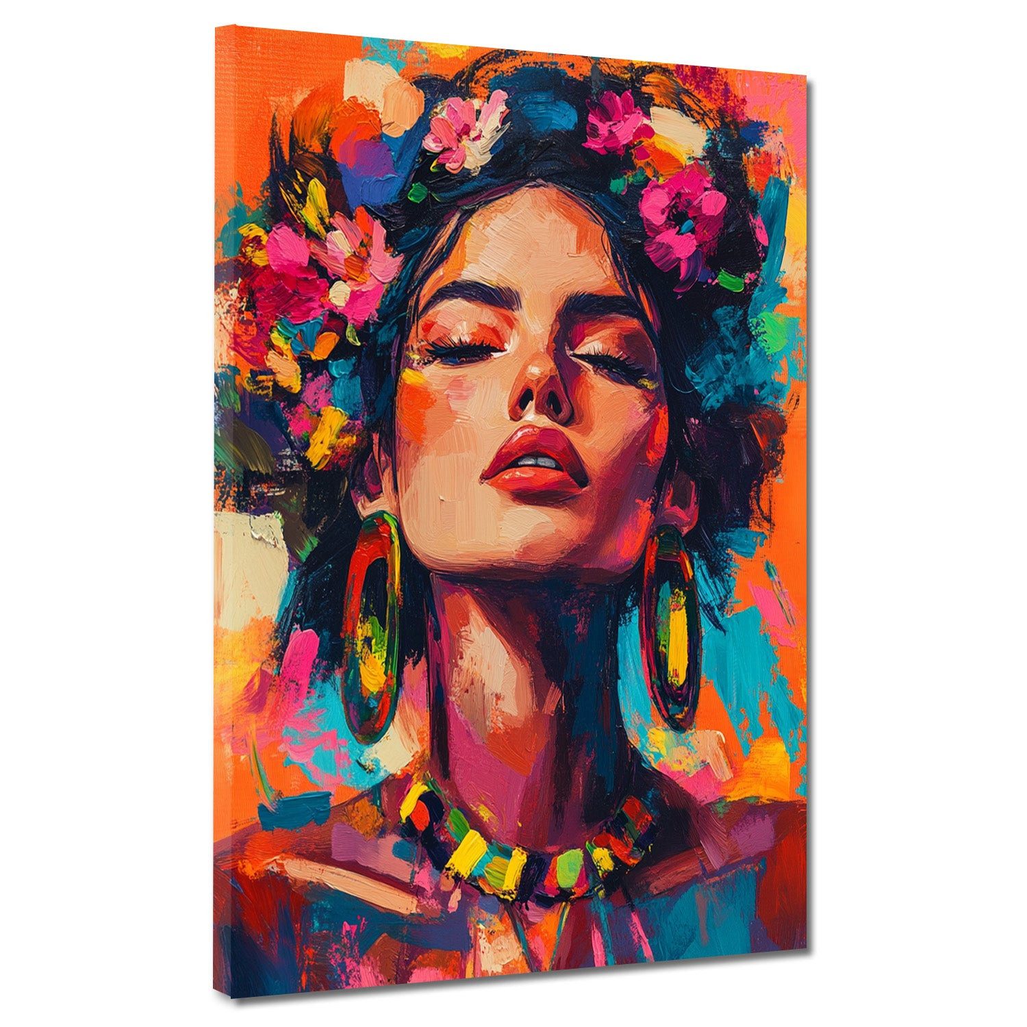Artedinoi Leinwandbild Frida jung abstrakt modern Blumen Porträt farbenfroh Leinwandbild XL W, Junge Frida Kahlo mit Blumen