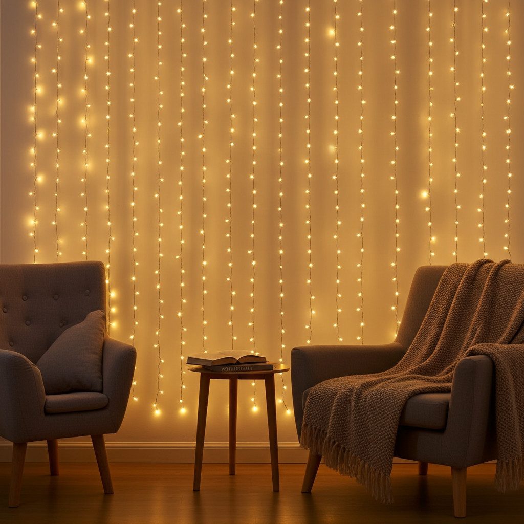 shop'n smile ideoon LED-Lichtervorhang LED Lichtervorhang 3W warmweiß 200 LEDs dimmbar 3x3m, 8 Lichtmodi & Timer, Per Fernbedienung dimmbar, Kürzbar