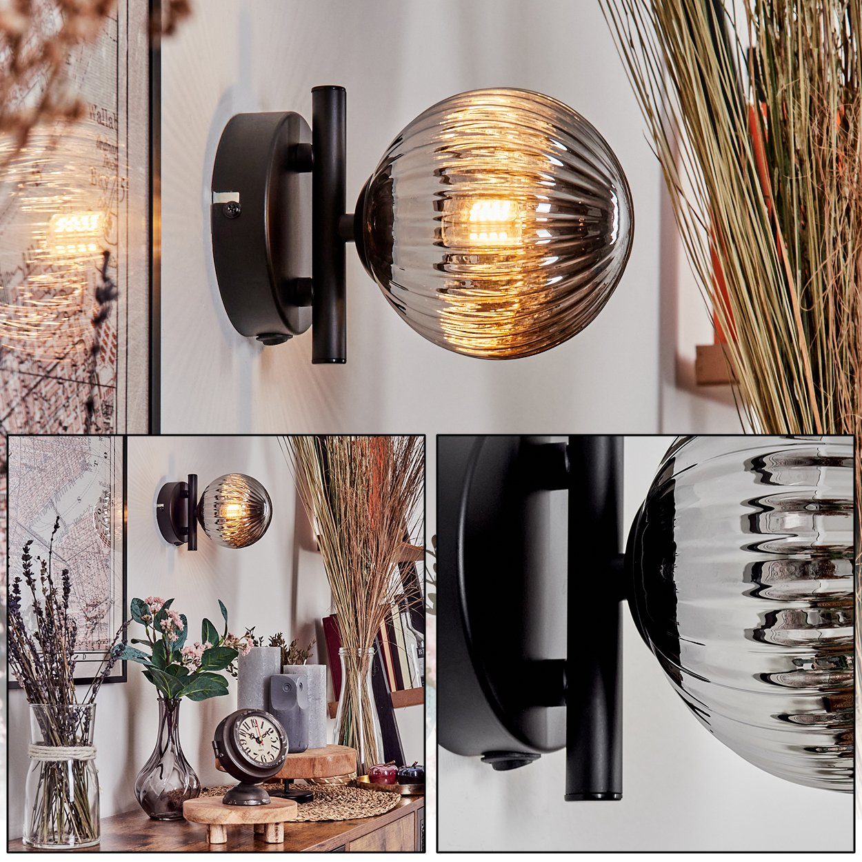 hofstein Wandleuchte Wandlampe aus Metall/Riffelglas in Schwarz/Rauchfarben, ohne Leuchtmittel, Leuchte mit Glasschirm, An/-Auschalter, 1xG9, ohne Leuchtmittel