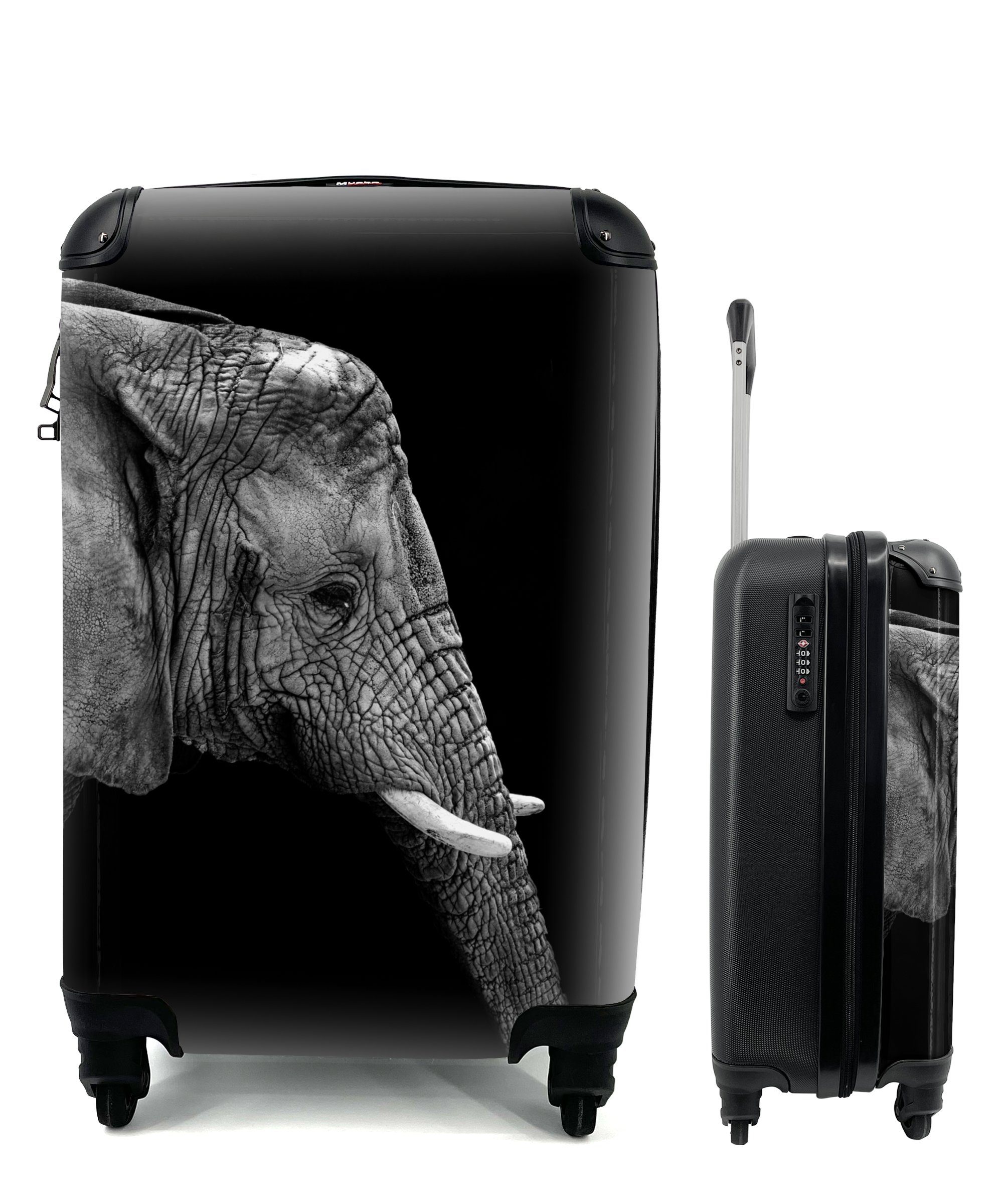 MuchoWow Handgepäckkoffer Elefant - Schwarz und weiß - Porträt - Tiere, 4 Rollen, Reisetasche mit rollen, Handgepäck für Ferien, Trolley, Reisekoffer
