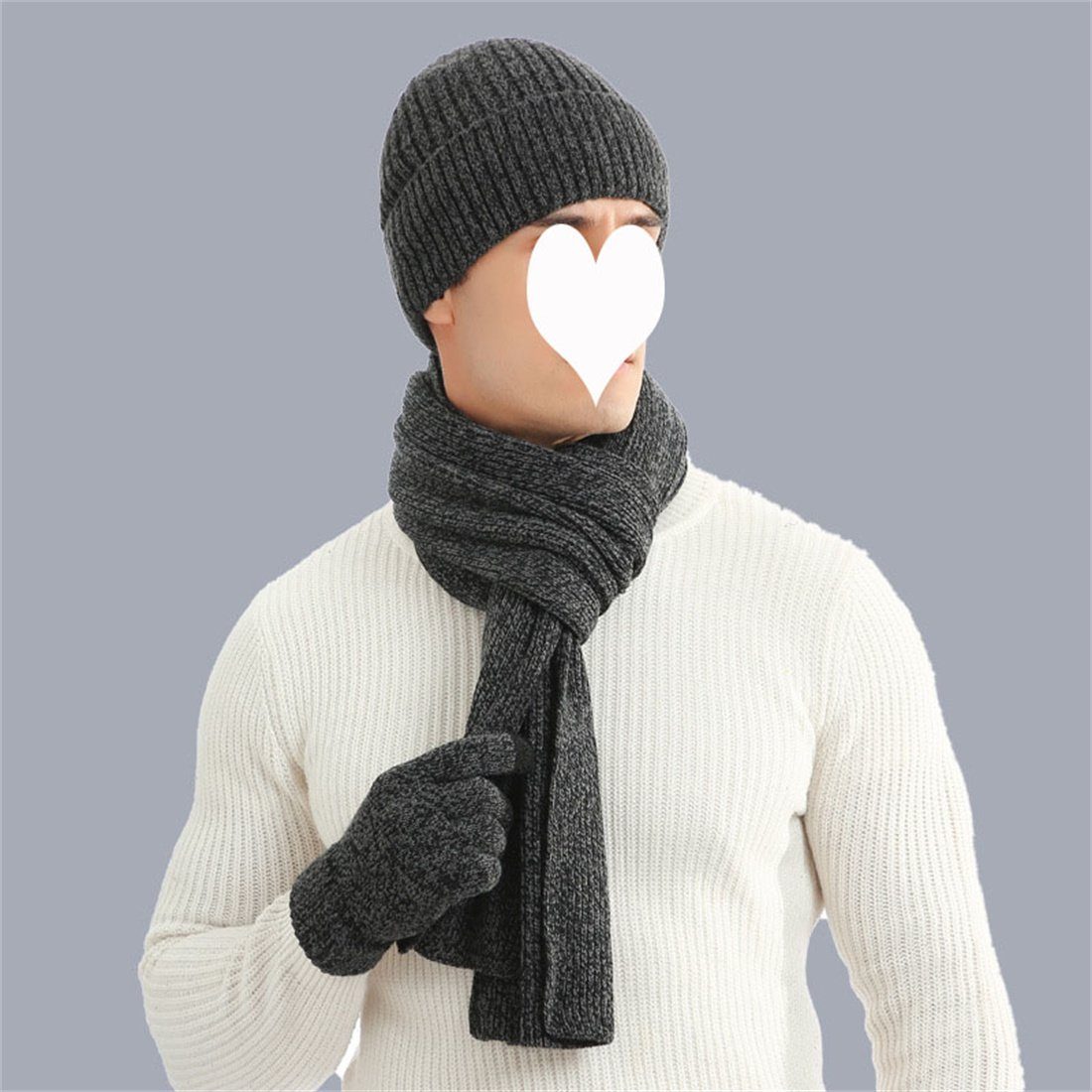 DÖRÖY Strickmütze Wintermütze aus verdickter Wolle,Warmer Mützenschal Handschuhe 3er Set dunkelgrau