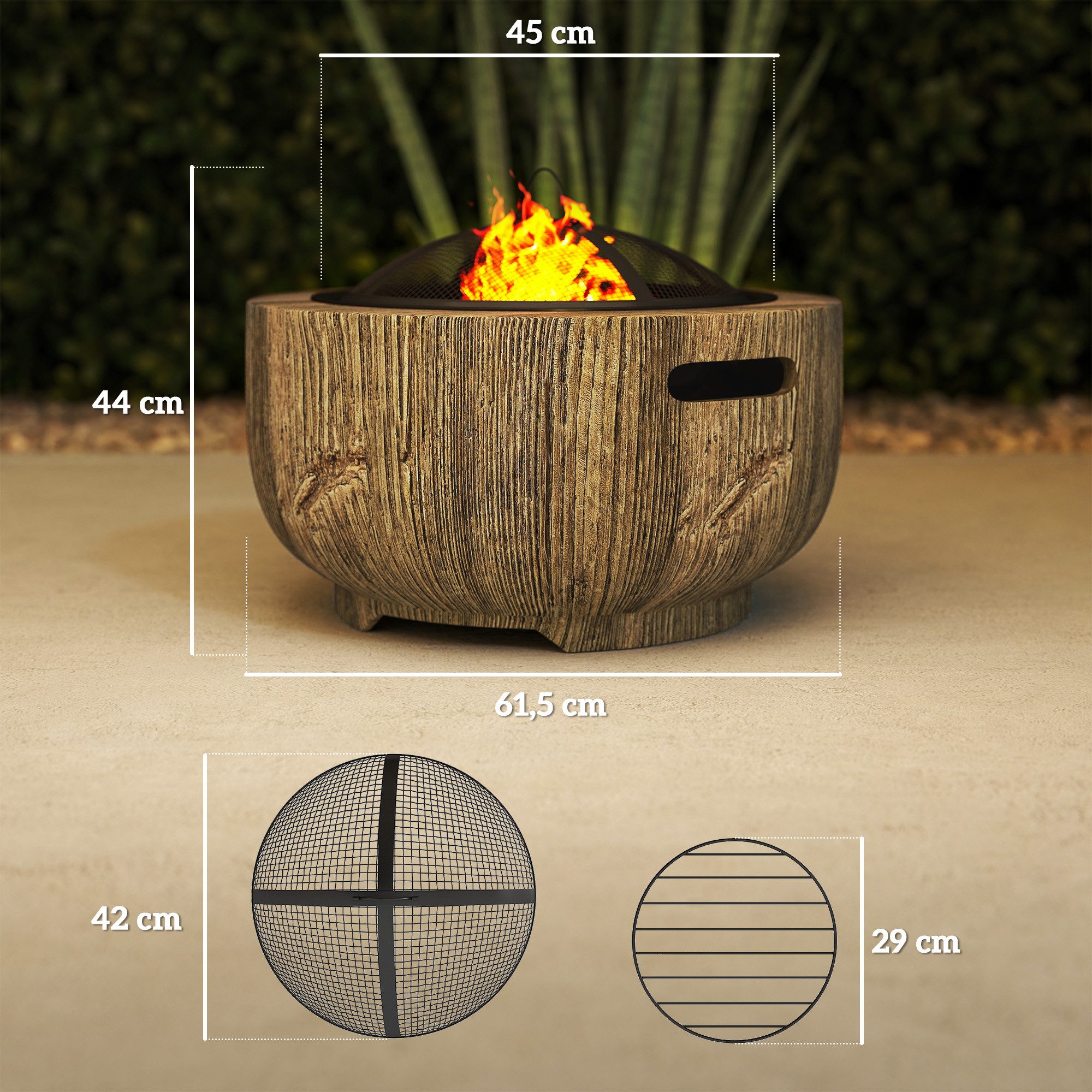 Outsunny Feuerschale Feuerstelle mit Deckel und Schürhaken im Baumstumpf-Design für Garten Camping Terrasse aus Stahl MgO Braun Aosom.de – Bild 3 von 5