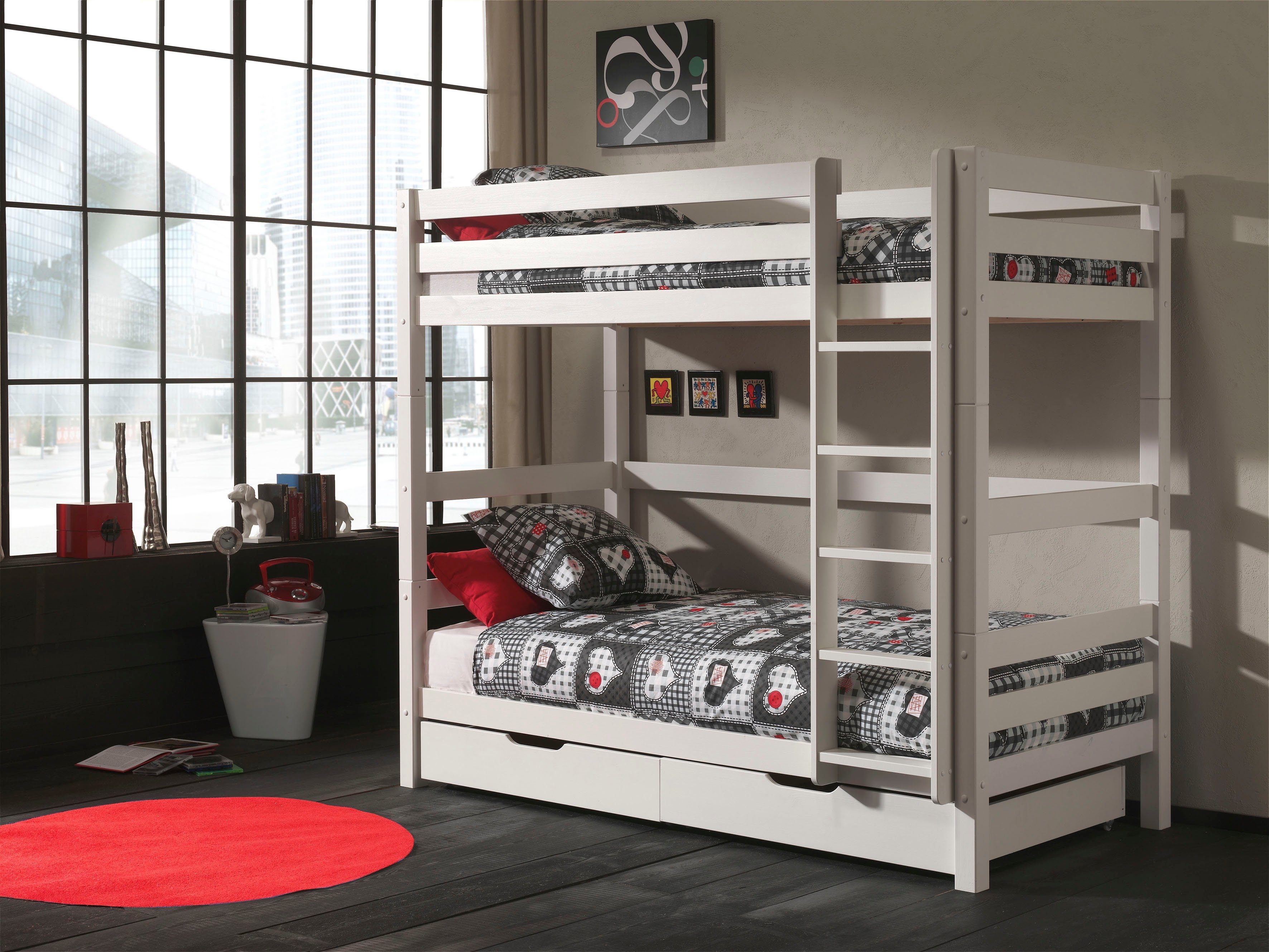 Vipack Etagenbett Pino, inkl. Rolllattenrost, Leiter und Absturzschutz (B/H/T ca. 210x182x105cm, massiv Kiefer verschiedene Farben), wahlweise ohne Schublade, mit 1 großen, 2 kleinen Bettschubladen