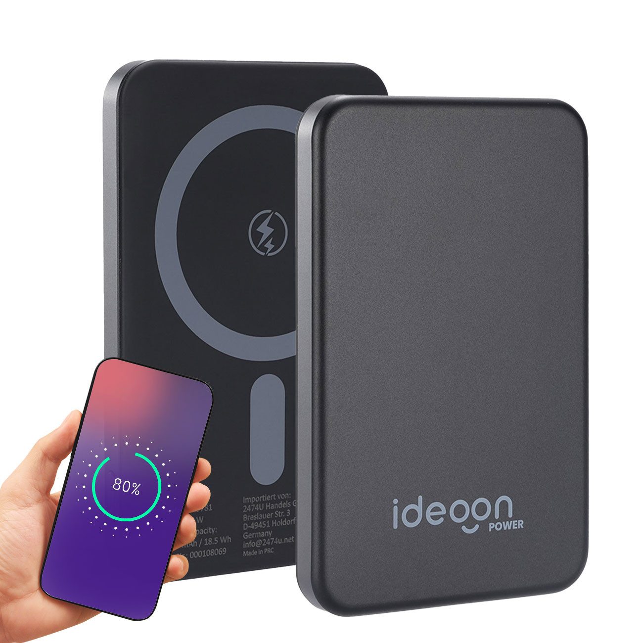 shop'n smile ideoon MagSafe Powerbank 5000 mAh, - Hochwertige kompakte Wireless Powerbank Smartphone-Ladegerät (Schnelles Laden Quick Charge für iPhone & Android)