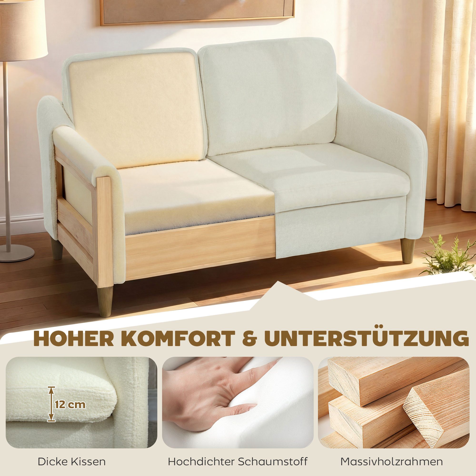 HOMCOM 2-Sitzer kleine Couch mit Wurfkissen, Sherpa-Fleece-Optik, Couch 1 Teile, für Wohnzimmer, Schlafzimmer, Cremeweiß – Bild 4 von 5