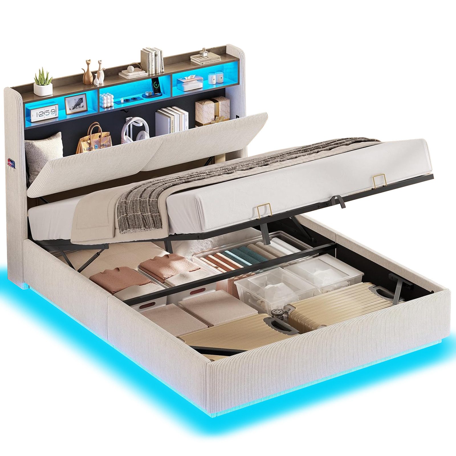 MSMASK Polsterbett Hydraulisches Stauraumbett mit LED Beleuchtung und Steckdosen (1-tlg., Ohne Matratze), Jugendbett mit Stauraum Kopfteil, 140x190cm