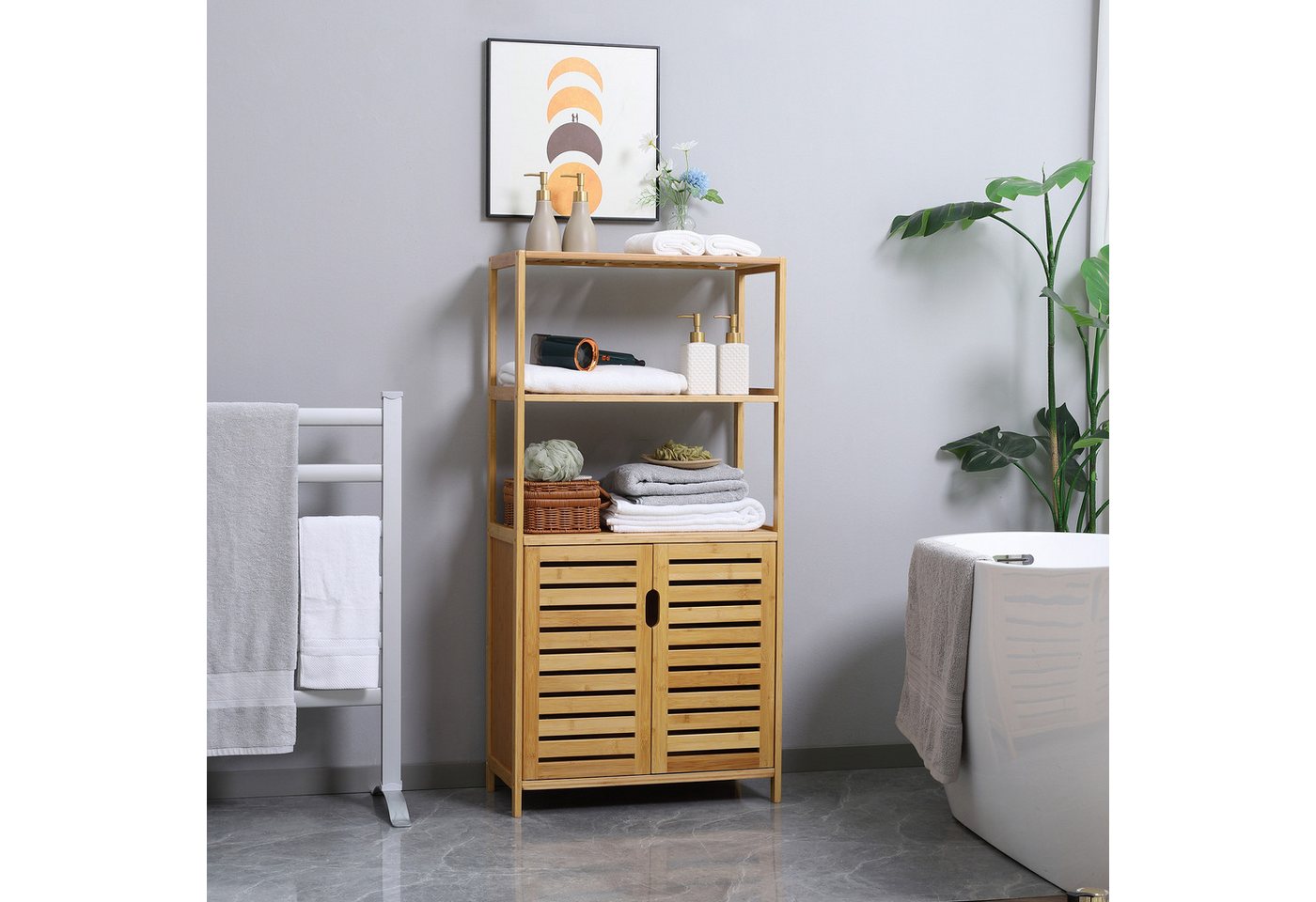 Kleankin Badkommode Küchen-/Aufbewahrungsschrank, 2 Lamellentüren, 2 offene Fächer (Badezimmerschrank aus Bambus, 1 St., Badschrank), für Badezimmer, Wohnzimmer, 60x30x120 cm Natur
