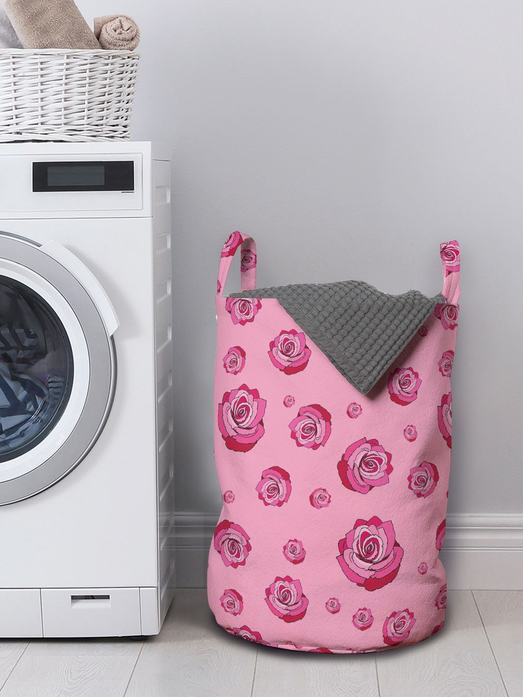 für mit Rosen Pink Griffen Abakuhaus Wäschesäckchen Waschsalons, Blumen Tones Kordelzugverschluss Wäschekorb Monochrome