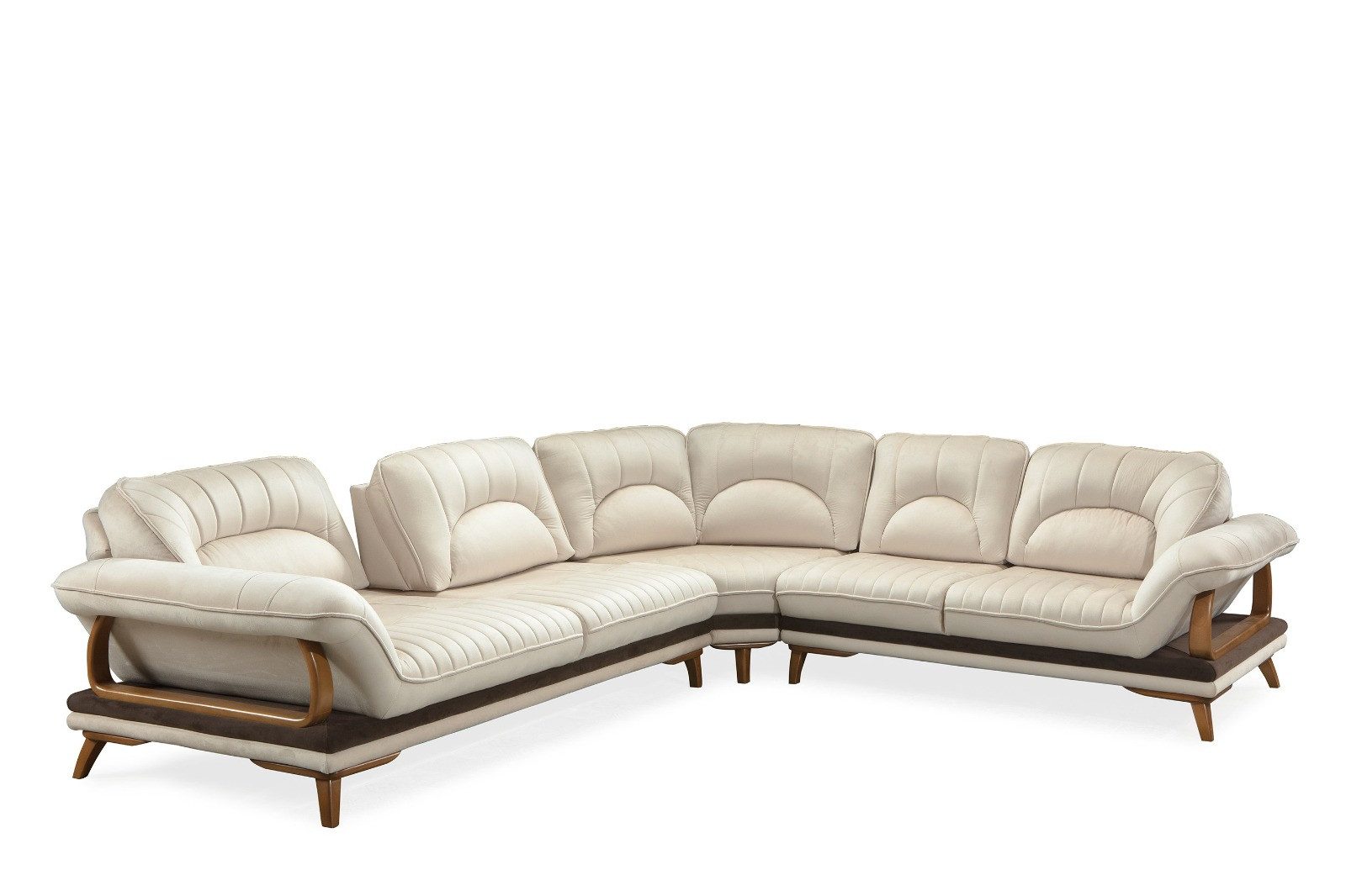 Polsterei Marya Ecksofa Melisa L-form, Hellbeige – Luxuriöse Steppung & Holz-Akzente – Großzügig & Freistehend, 6-Sitzer Wohnlandschaft aus Stoff inklusive