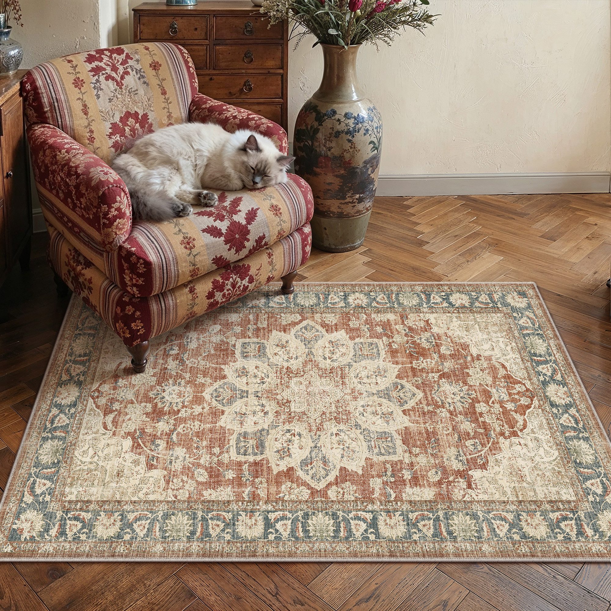 PURECOZY Teppich Kurzflor Perserteppich, waschbar, rutschfest, weich & kuschelig, Rechteckig, Höhe: 5 mm, 120×180, 160×230, 200×300, 300×400 cm, geeignet für diverse Innenräume