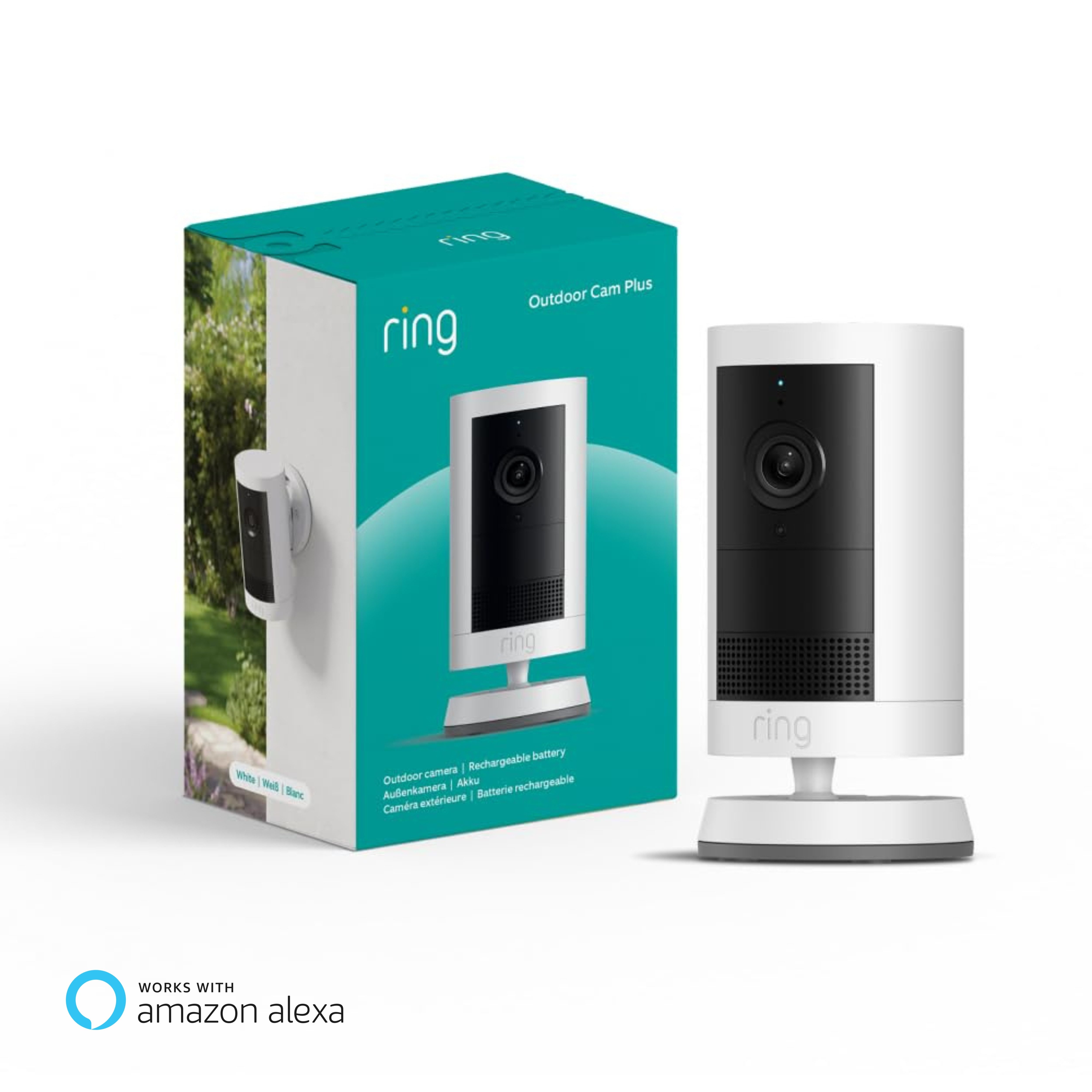 Ring Überwachungskamera Außenkamera Plus Akku (Outdoor Camera Plus Neueste Generation) (Außenbereich, Innenbereich, 2K-Weitwinkelvideo, Kabellos, Selbstinstallation)