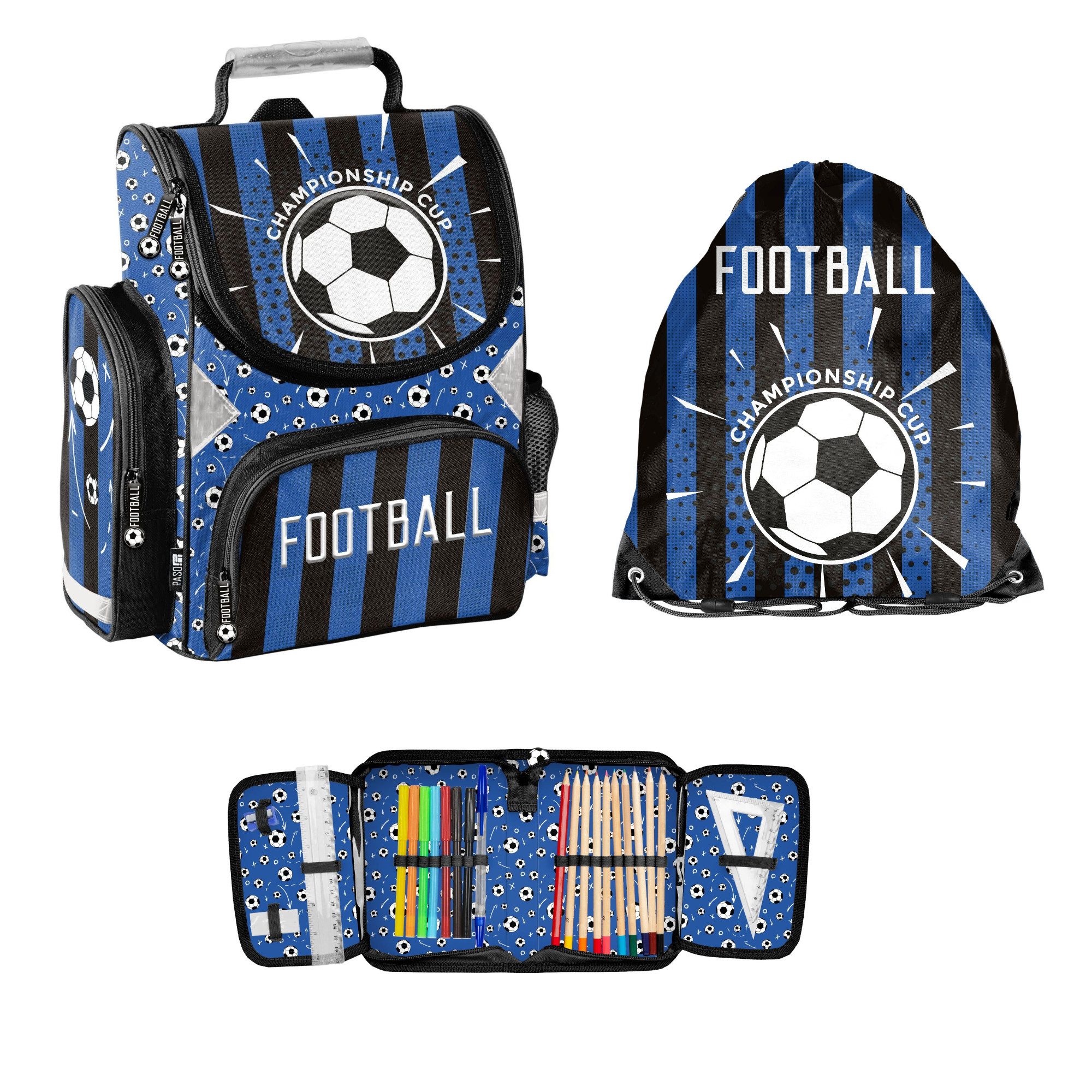 PASO Schulranzen (Set, 3-Tlg), Schulranzen 3D Motiv & Turnbeutel & Federmappe - Fußball blau