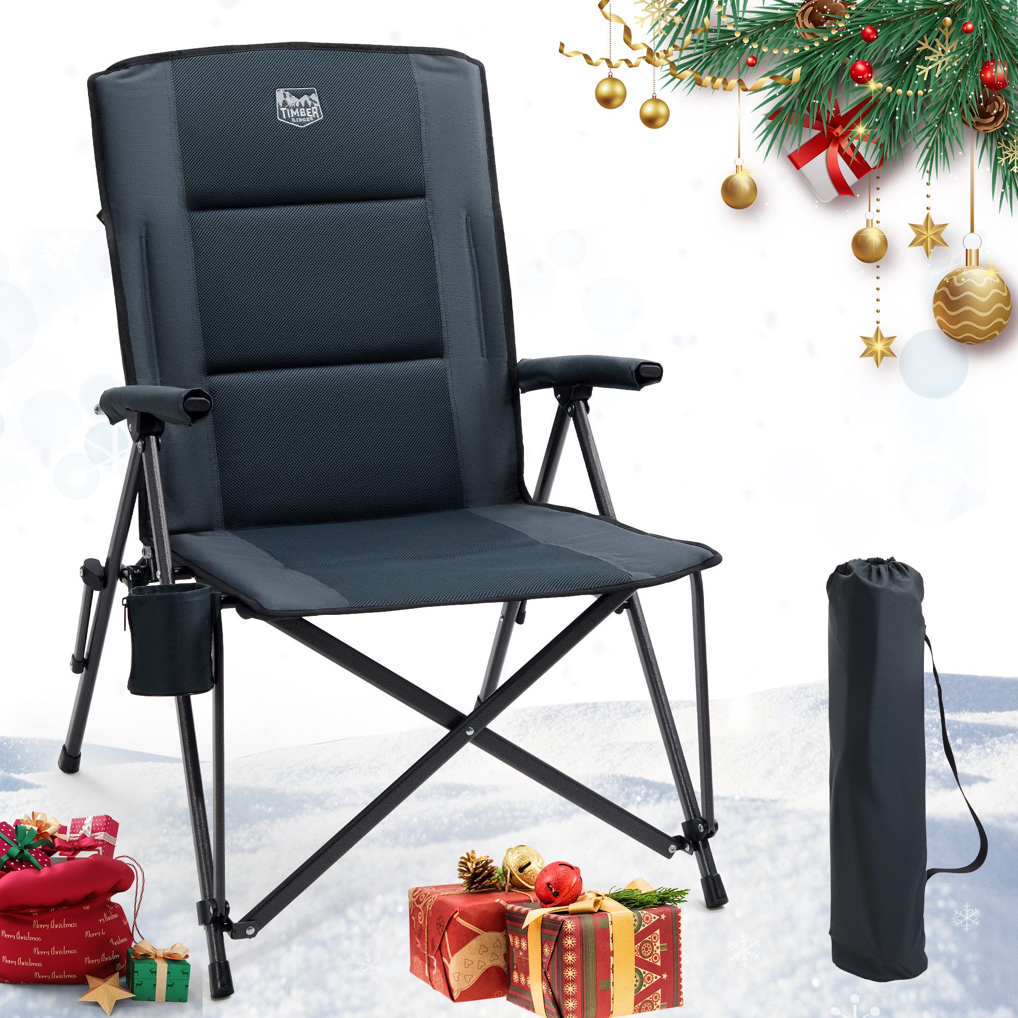 TIMBER RIDGE Campingstuhl Faltbar Breiter Sitz 55cm Leicht Klappstuhl 150kg Belastbar (1 St), 55×48×102cm, schwarz