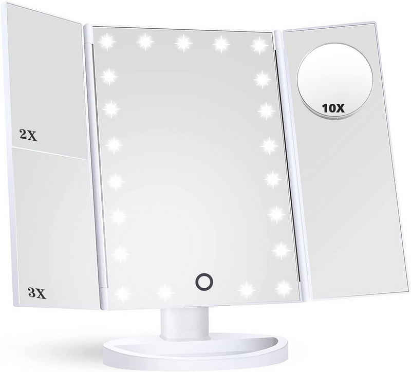 Sross LED-Lichtspiegel Kosmetikspiegel, Faltbarer 3 Seiten Make-up-Spiegel Schminkspiegel (rasierspiegel Touchscreen LED faltbar dimmbar 180 Grad einstellbar Drehung), 2X 3X 10X Vergrößerungsspiegel