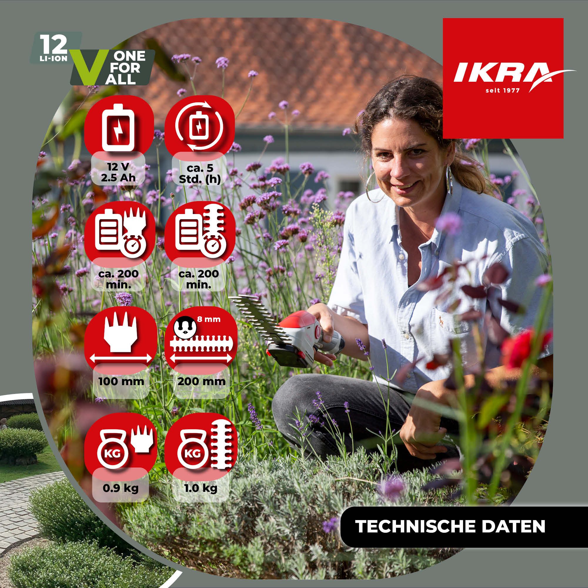 ikra GmbH Akku-Gras- und Strauchscherenset IGBS 1210, (mit Akku, Ladegerät), 12 V - 2in1-Funktionalität - Messer "Made in Germany"