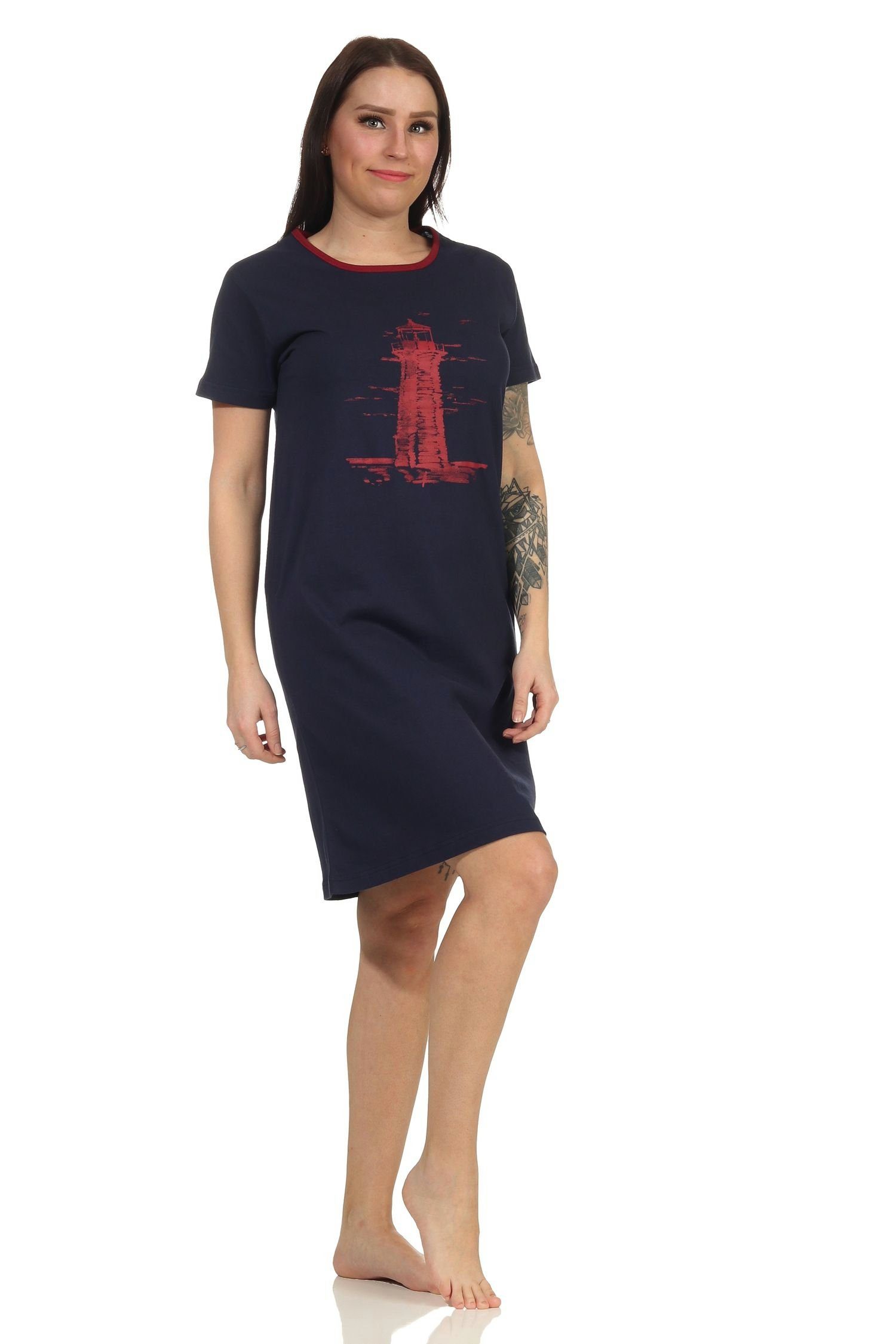 RELAX by Normann Nachthemd Damen maritimen navy Nachthemd Motiv Leuchtturm Look im und kurzarm als