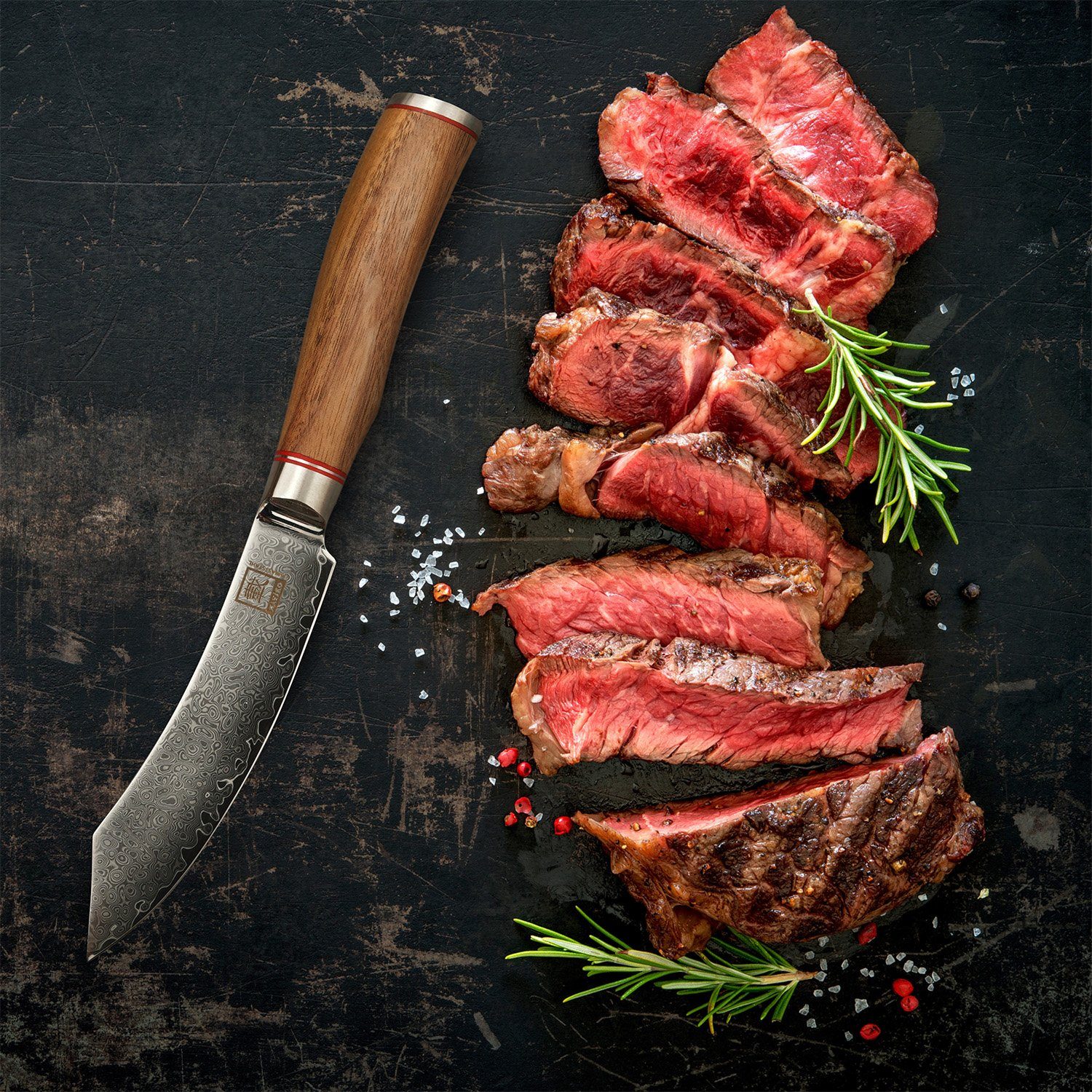 ZAYIKO Steakmesser Kurumi Damastmesser mit 12 cm Klinge und Nussbaumgriff in Holzbox