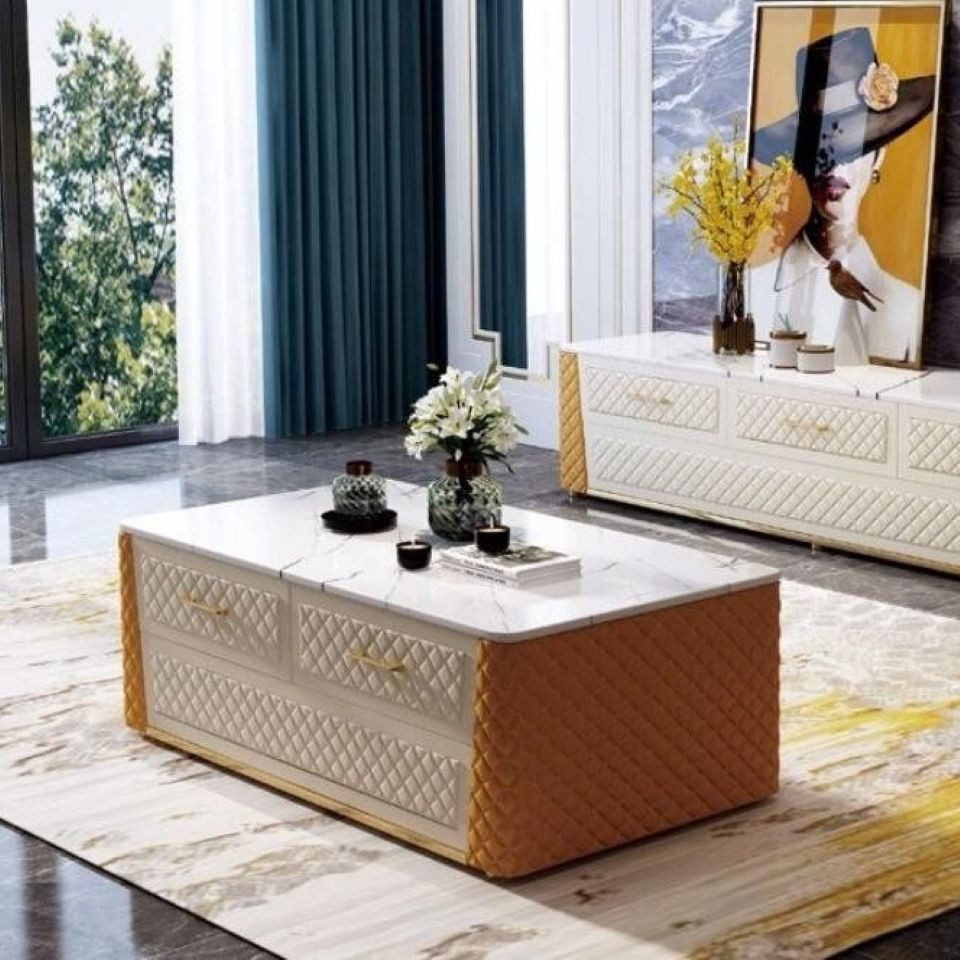 Xlmoebel Couchtisch Ovaler Wohnzimmertisch in Marmor-Optik und Lederdesign (Packung, 1-St., Couchtisch), Hergestellt in Europa