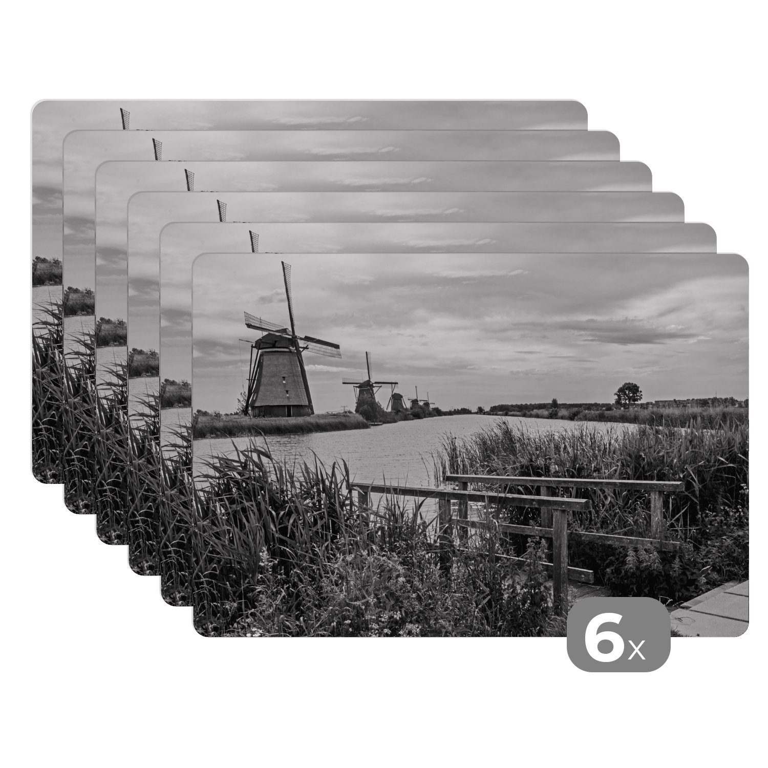 Platzset, MuchoWow, (6-St), Tischmatten, Platzmatte, - Niederlande Mühle Platzset, Platzdecken, Schmutzabweisend - Weiß, - Schwarz