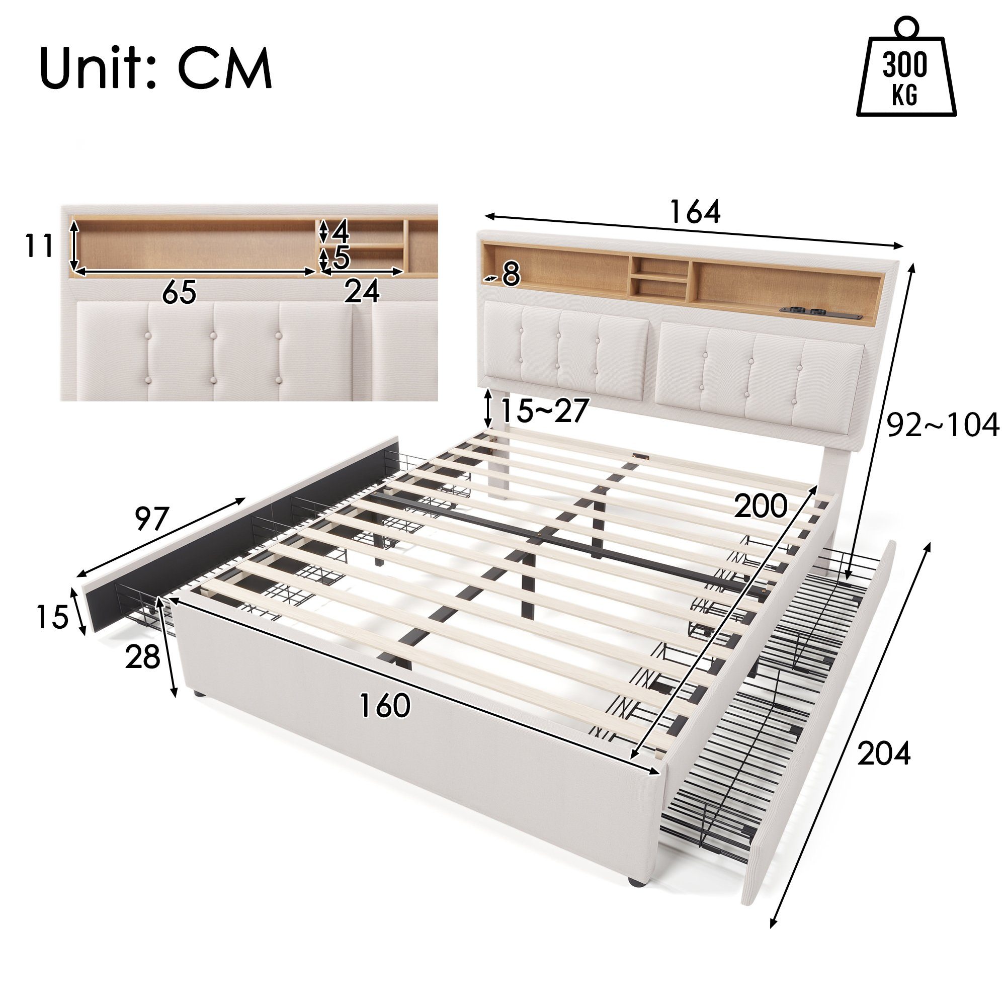 Polsterbett (Doppelbett mit Lattenrost und 4 Schubladen), Stauraumbett 160x200cm mit USB Typ C Ladefunktion Kopfteil, Leinen