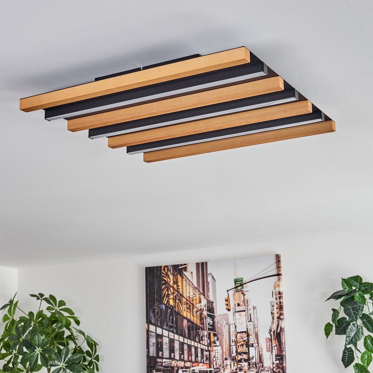 hofstein Deckenleuchte dimmbare Deckenlampe aus Metall/Holz/Kunststoff in Schwarz/Natur/Weiß, LED wechselbar, 3000 Kelvin, 22 Watt, 2450 Lumen, Länge 46 cm, dimmbar über Lichtschalter