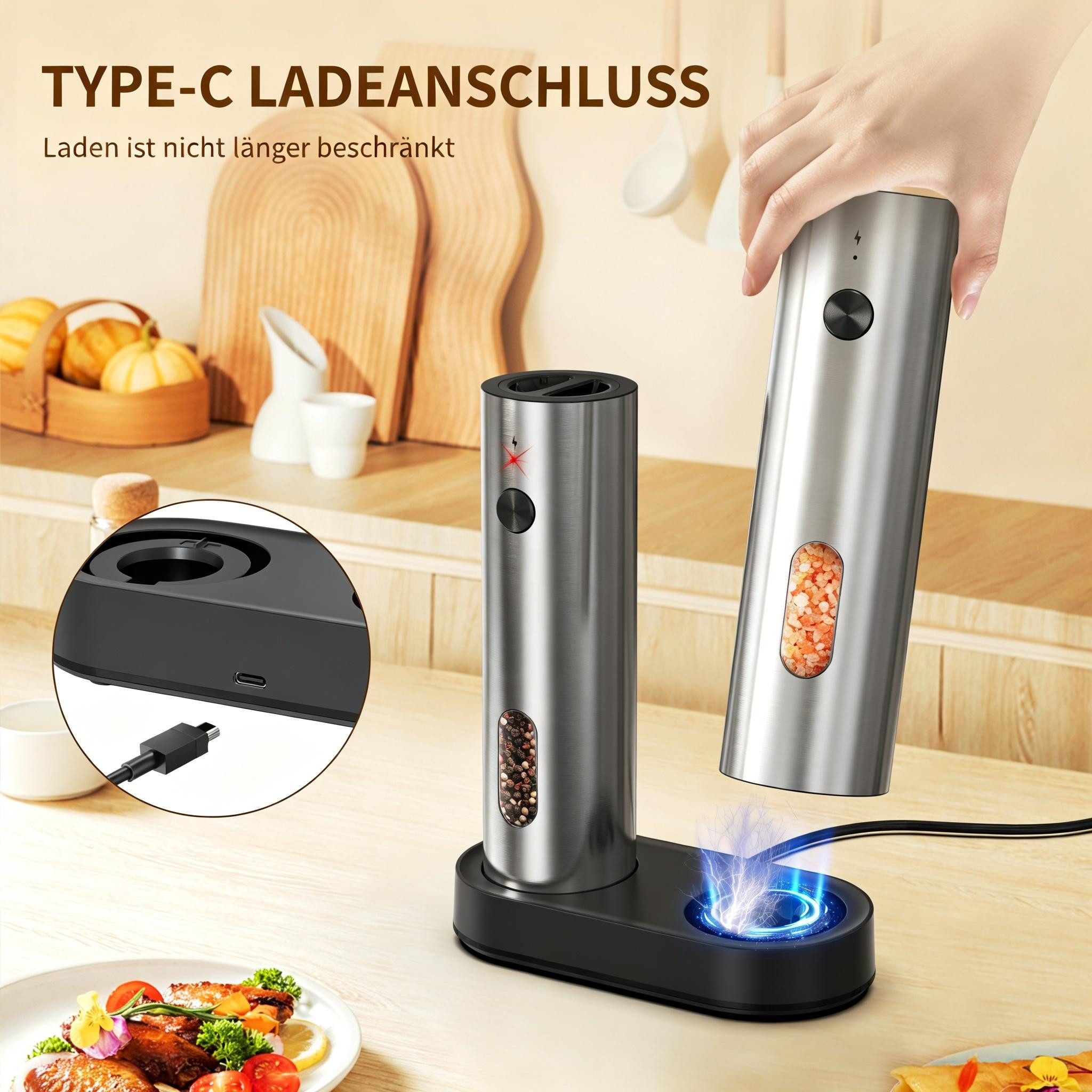 AIBISTAR Salz-/Pfeffermühle Elektrisch Pfeffermühle mit USB-C Ladestation,5 Stufen,220ml Elektrisch (wiederaufladbar über USB-C), Salzmühle 2er Set,110ml*2,LED-Beleuchtung