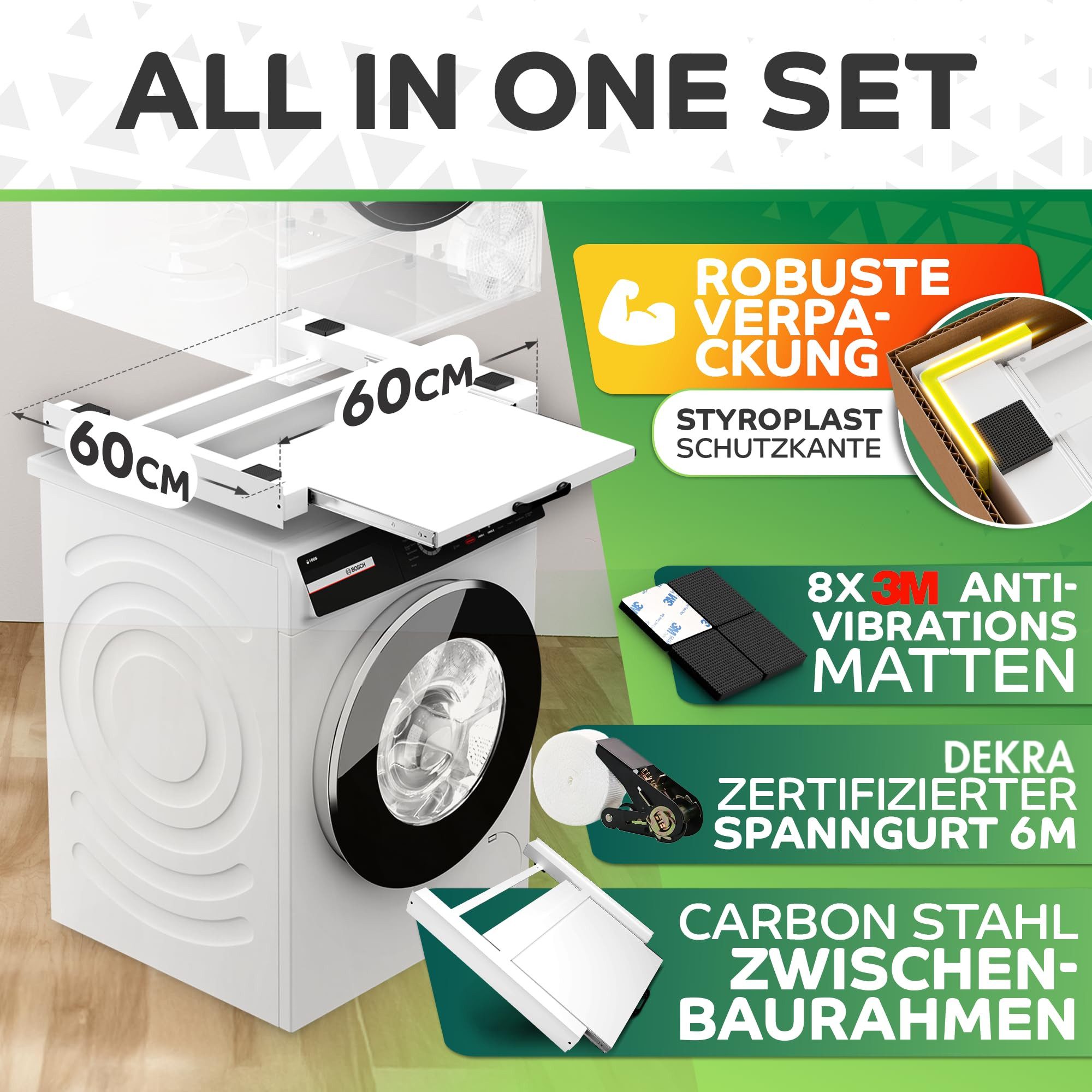 Tretmann Waschmaschinenuntergestell Universal Zwischenbaurahmen SET -extra Stabil mit Ablage, Waschturm Verbindungsrahmen, Verbindung Waschmaschine - Trockner – Bild 4 von 5