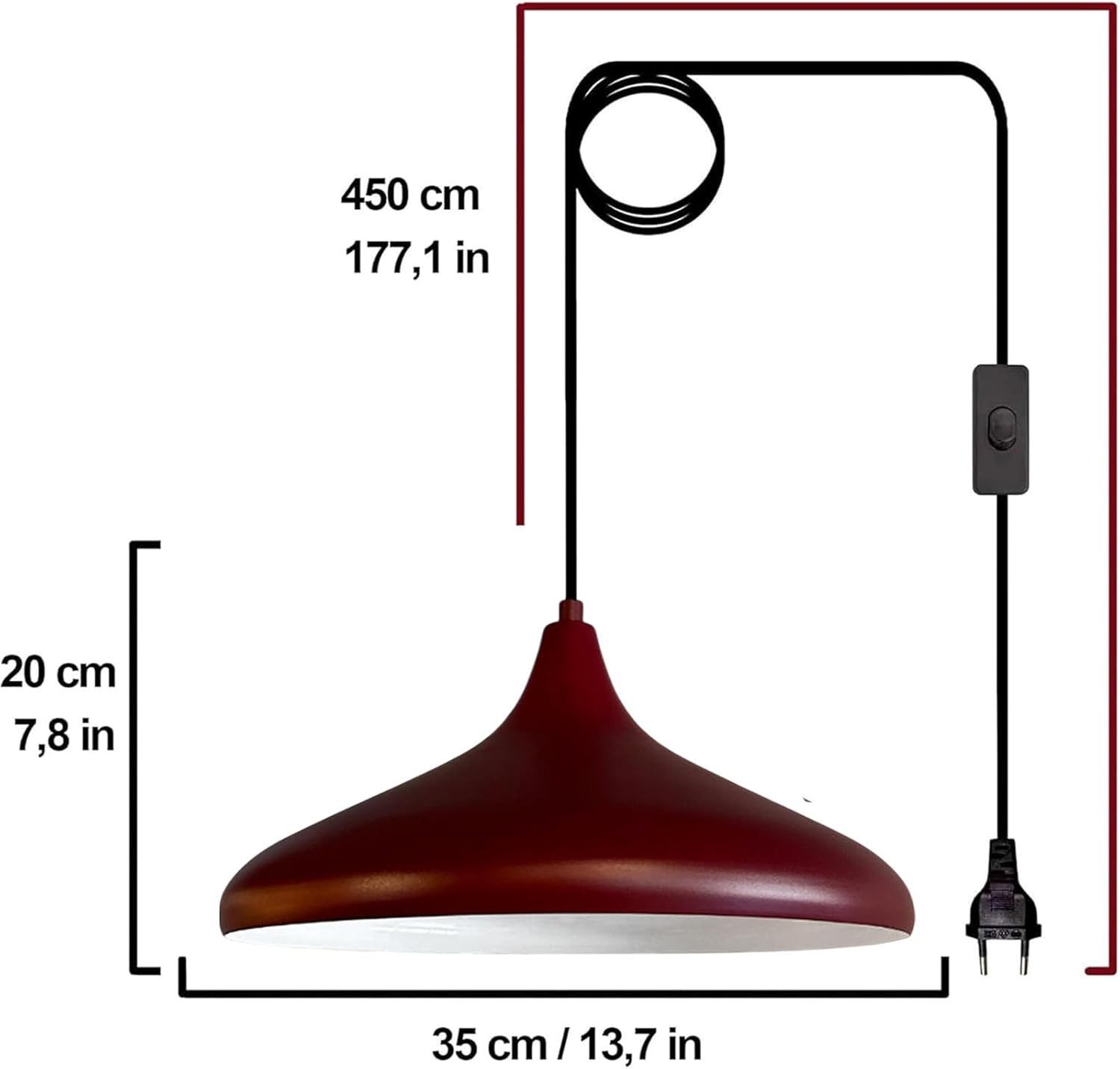 Bamyum Pendelleuchte Champion Pendelleuchte mit Stecker 35 cm, Metall mit 450 cm Kabel, ohne Leuchtmittel – Bild 5 von 5