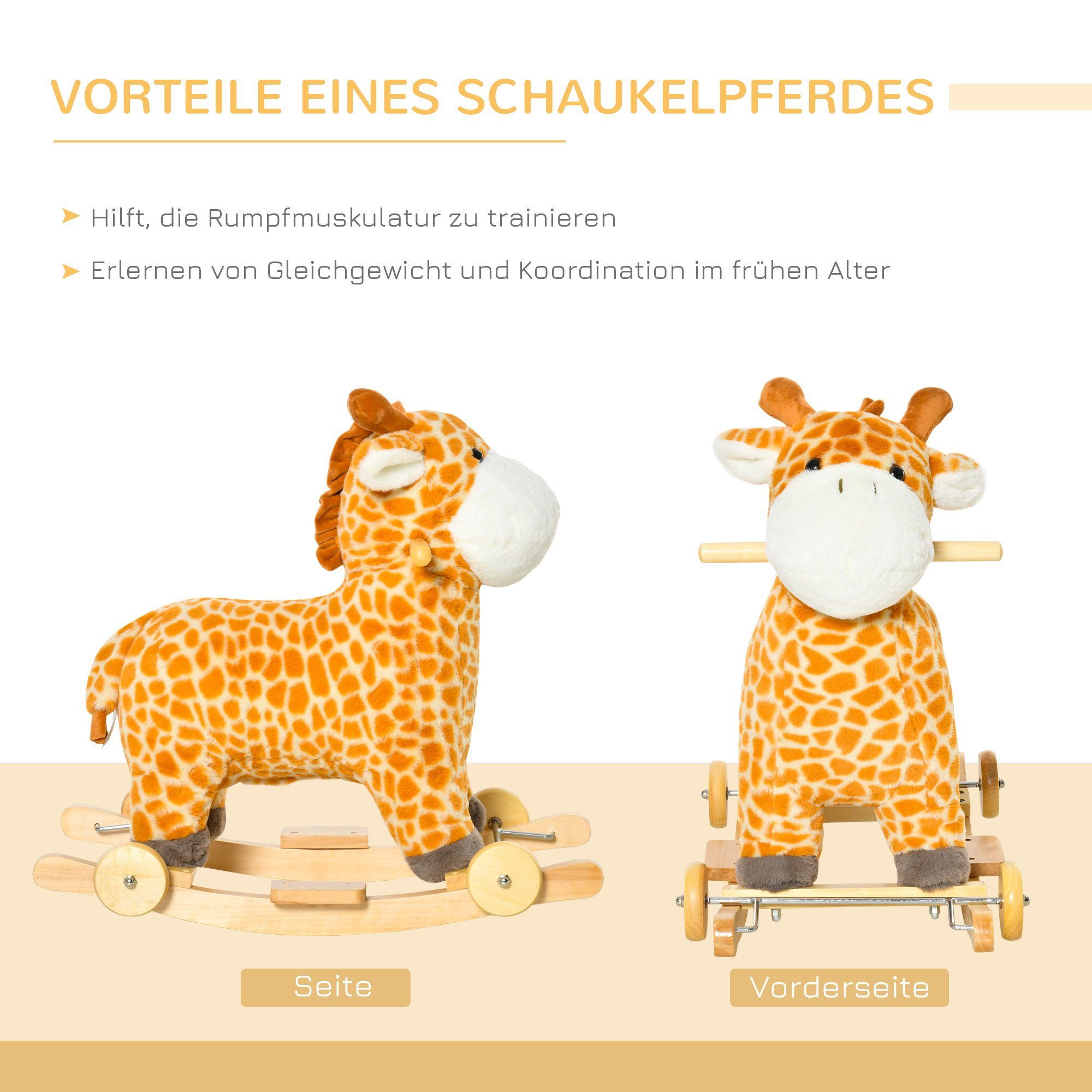 HOMCOM Schaukeltier 2-IN-1 Schaukelpferd mit Räder Plüsch Babyschaukel Spielzeug Gelb, (1 tlg), 63L x 38B x 63H cm – Bild 5 von 5