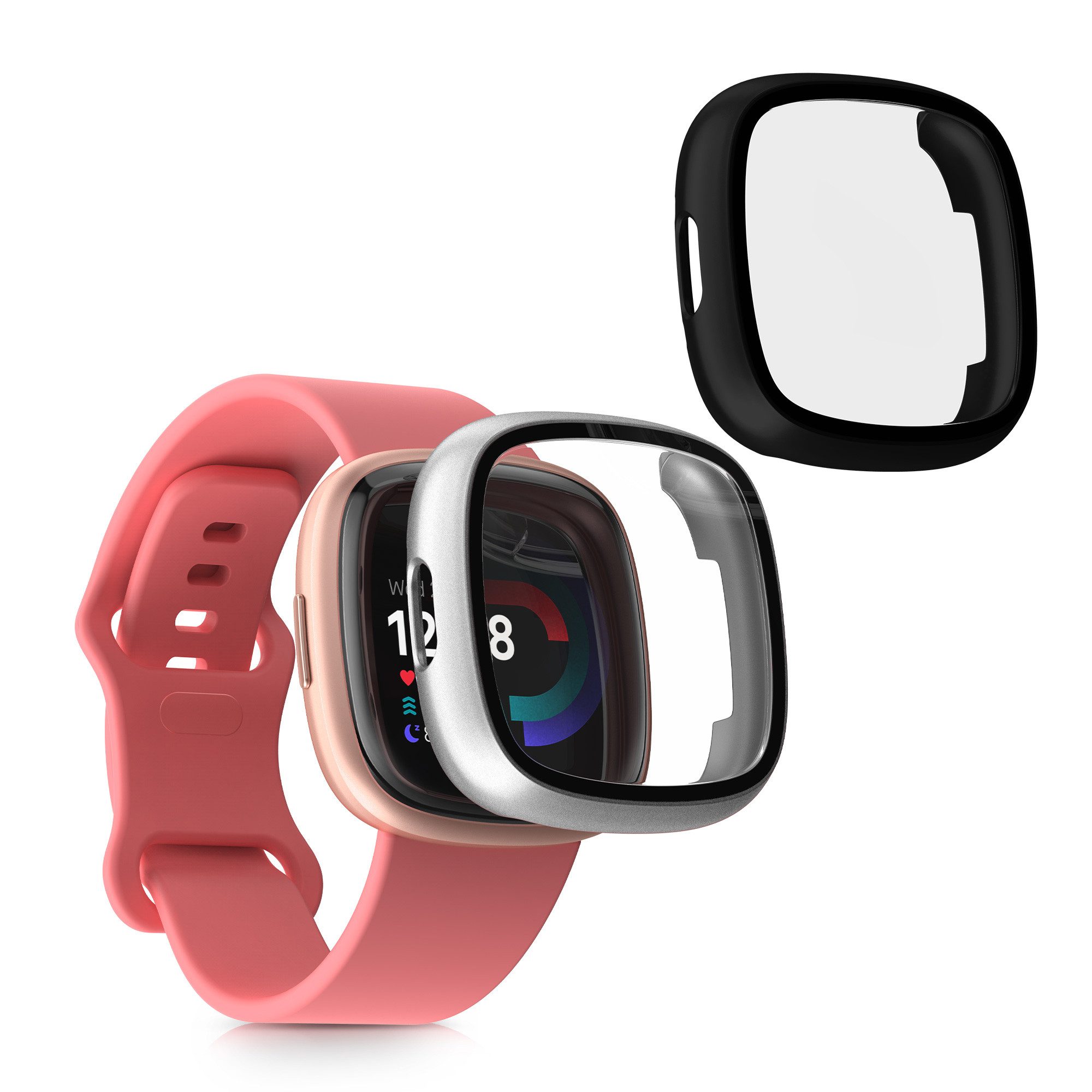 kwmobile Smartwatch-Hülle 2x Glas Hülle für Fitbit Versa 4 / Sense 2, Schutzhülle Fullbody Fitnesstracker Case Set aus Glas